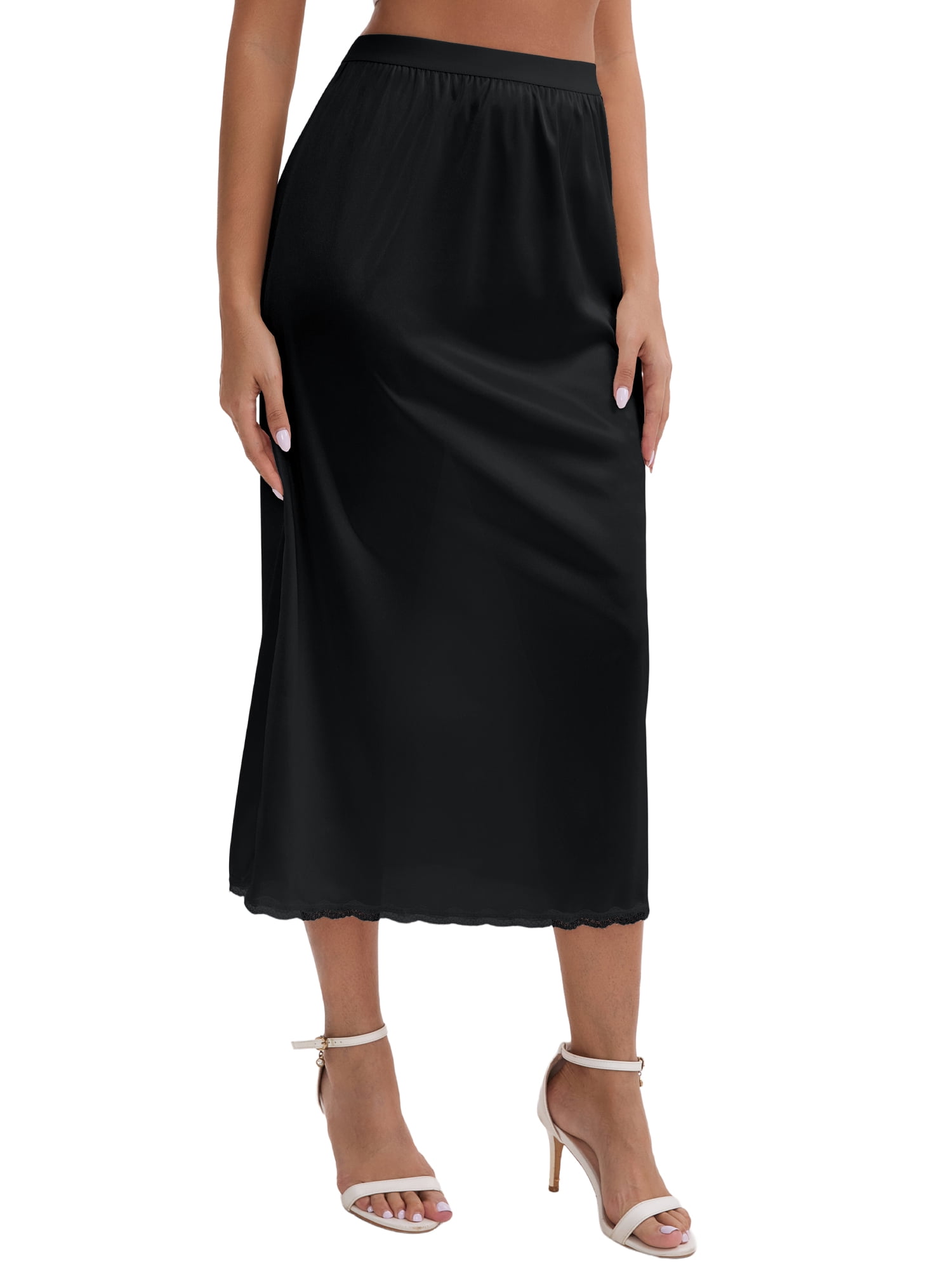 DARING DIVA Women's Satin Lace Trim Flared Hem Lightweight Maxi Half Slip XL Black