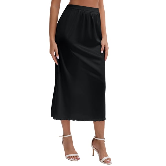 DARING DIVA Women's Satin Lace Trim Flared Hem Lightweight Maxi Half Slip XL Black