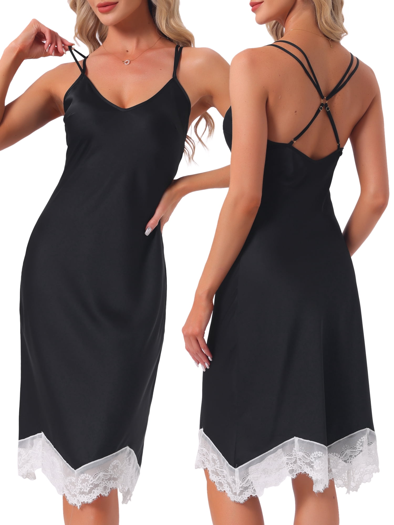 DARING DIVA Women's Satin Lace Trim Spaghetti Straps Camisole Nightshirt S Black