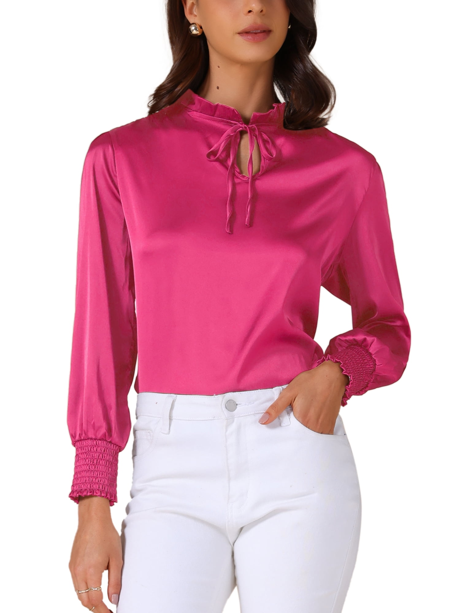 DARING DIVA Women's Satin Long Sleeve Mock Neck Self Tie Work Shirts S Rose Red