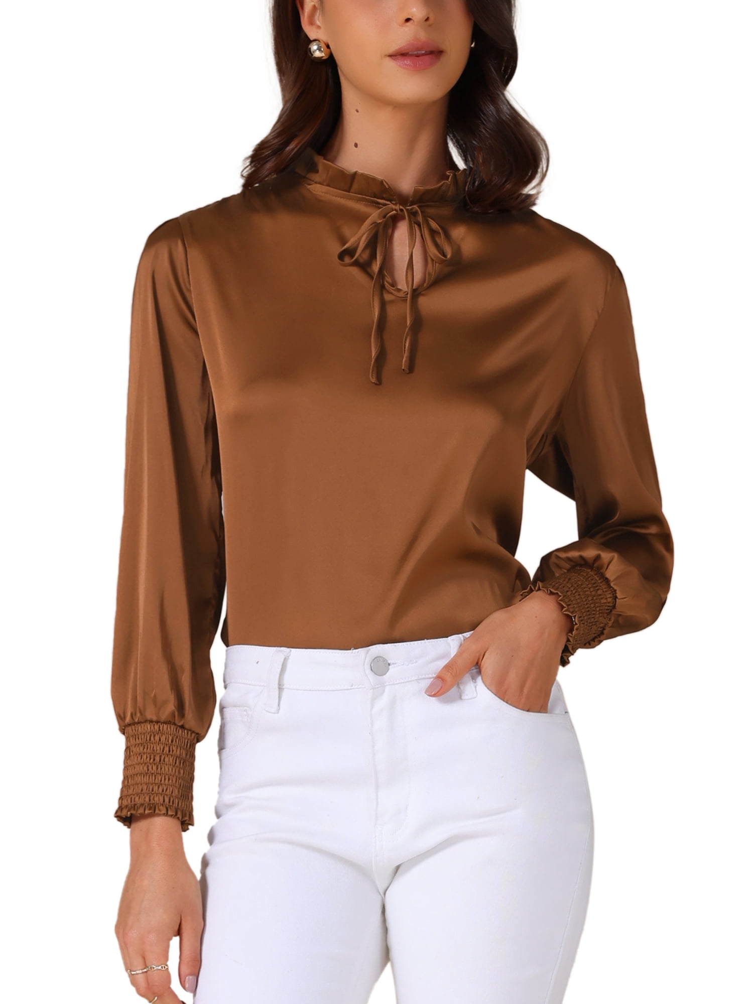 DARING DIVA Women's Satin Long Sleeve Mock Neck Self Tie Work Shirts XS Dark Brown