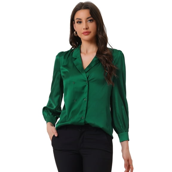 DARING DIVA Women's Satin Long Sleeve Work Business Button Down Shirt S Green