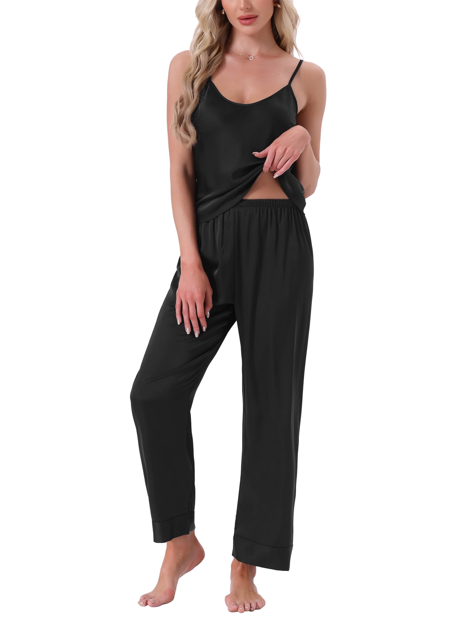 DARING DIVA Women's Satin Loungewear Leopard Print Cami Spaghetti Pajama Sets S Black