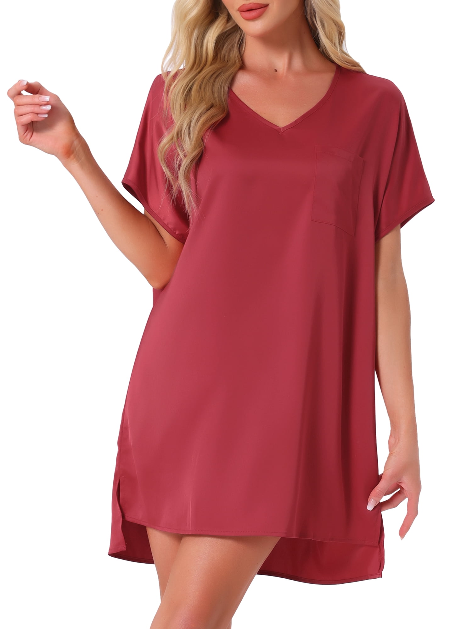 DARING DIVA Women's Satin Nightgown Short Sleeve Thigh Length Sleepdress M Red
