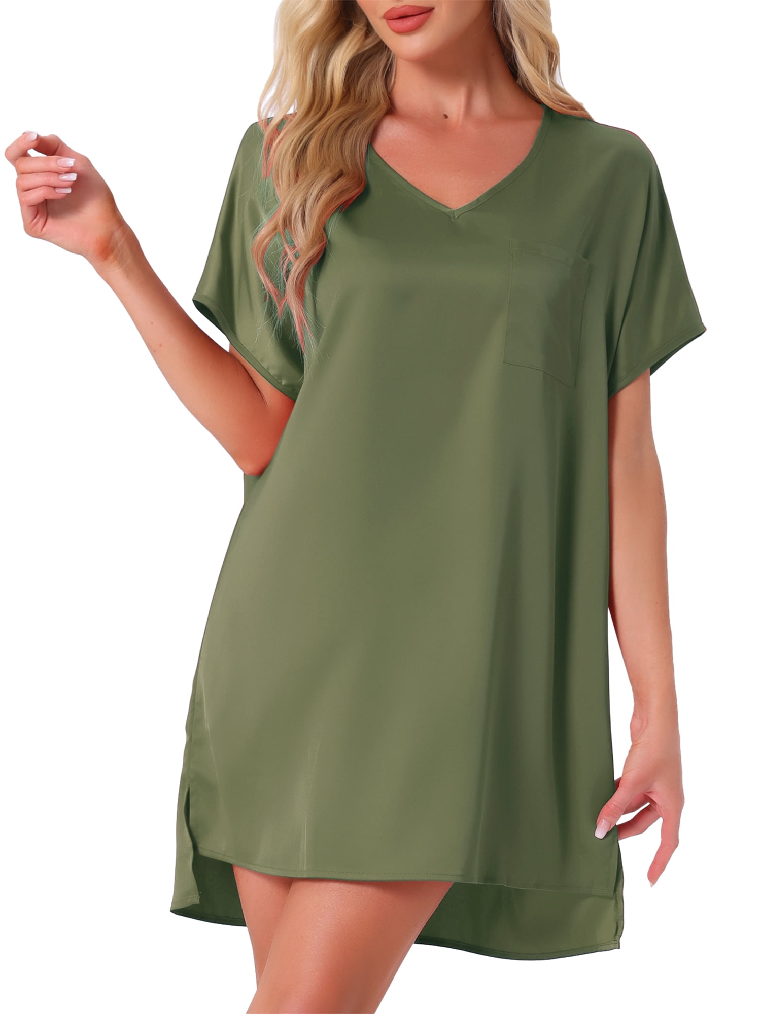 DARING DIVA Women's Satin Nightgown Short Sleeve Thigh Length Sleepdress S Green