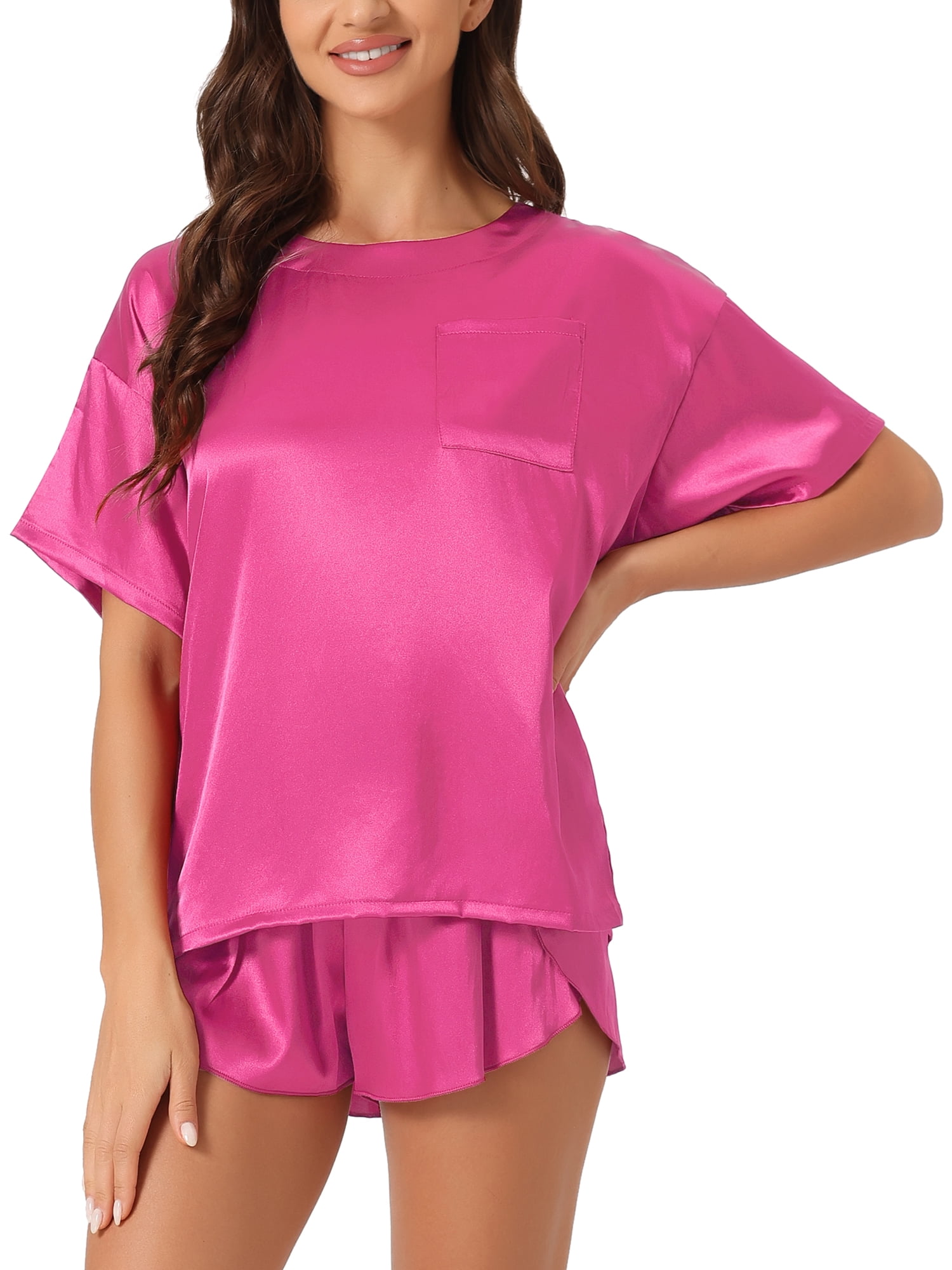 DARING DIVA Women's Satin Pajama Pullover T-shirt with Shorts Lounge Sets L Hot Pink