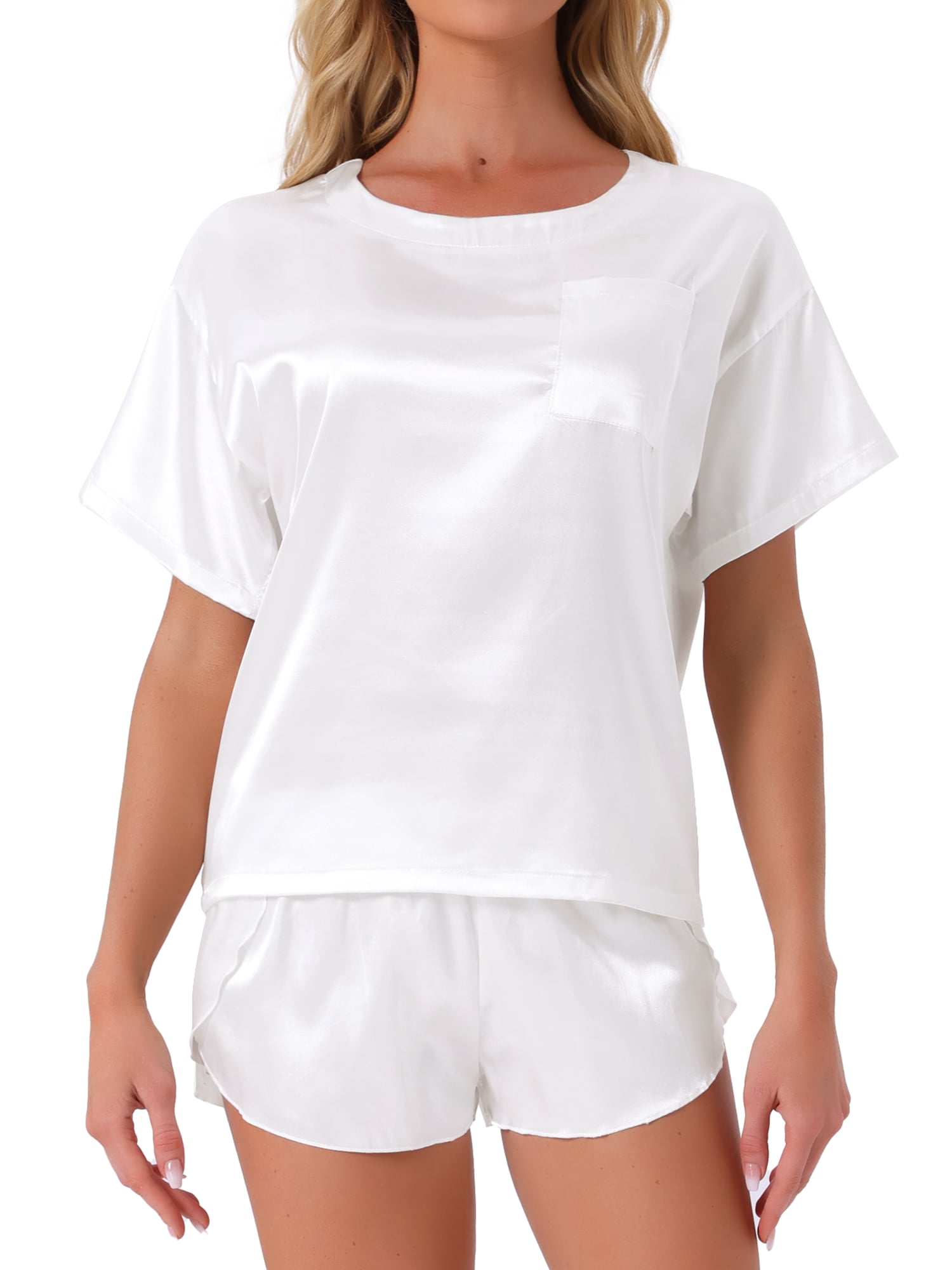 DARING DIVA Women's Satin Pajama Pullover T-shirt with Shorts Lounge Sets S White