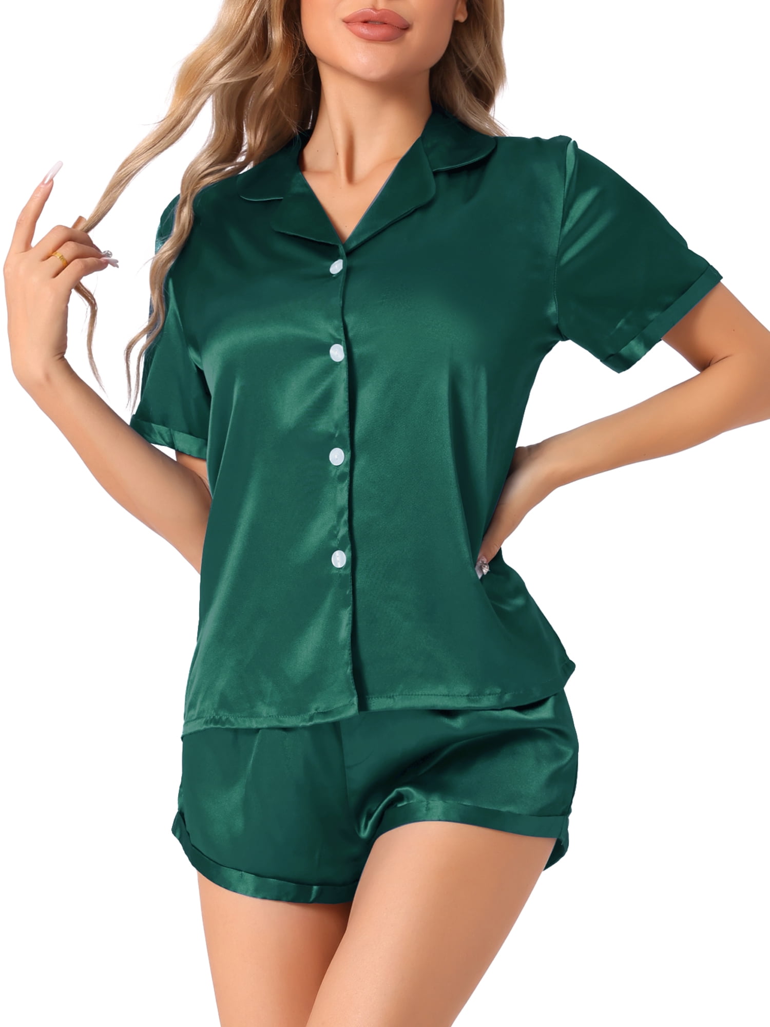 DARING DIVA Women's Satin Pajama Set Button Shirt and Shorts Loungwear Deep Green L