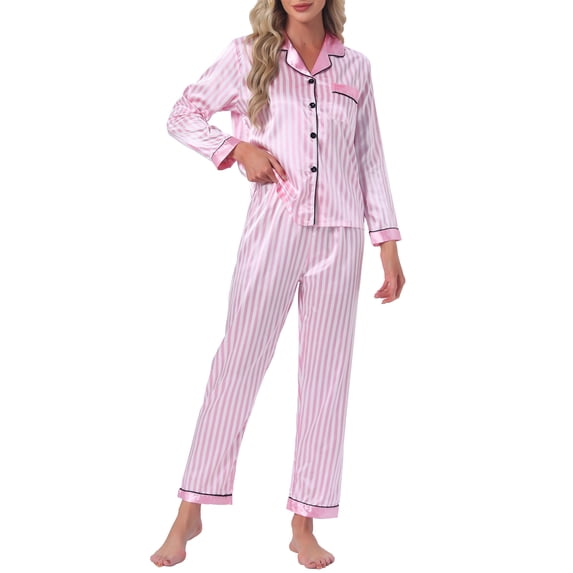 DARING DIVA Women's Satin Pajama Set Silky Long Sleeve Button Down Sleepwear L Light Pink