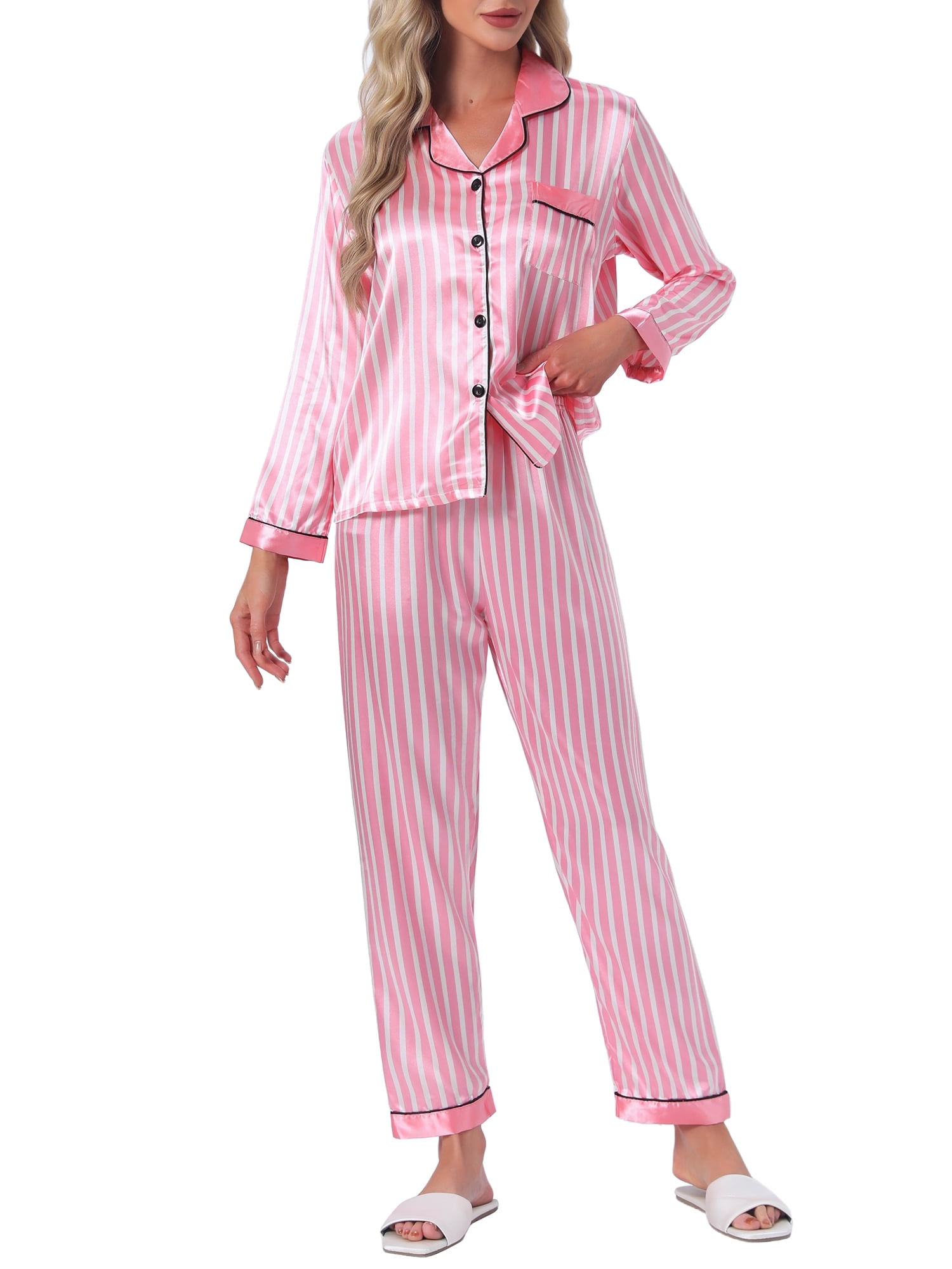 DARING DIVA Women's Satin Pajama Set Silky Long Sleeve Button Down Sleepwear M Pink