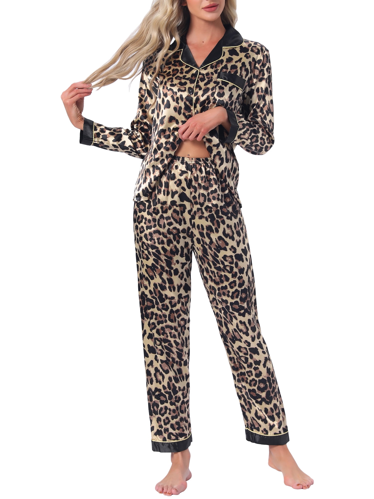 DARING DIVA Women's Satin Pajama Set Silky Long Sleeve Button Down Sleepwear S Brown