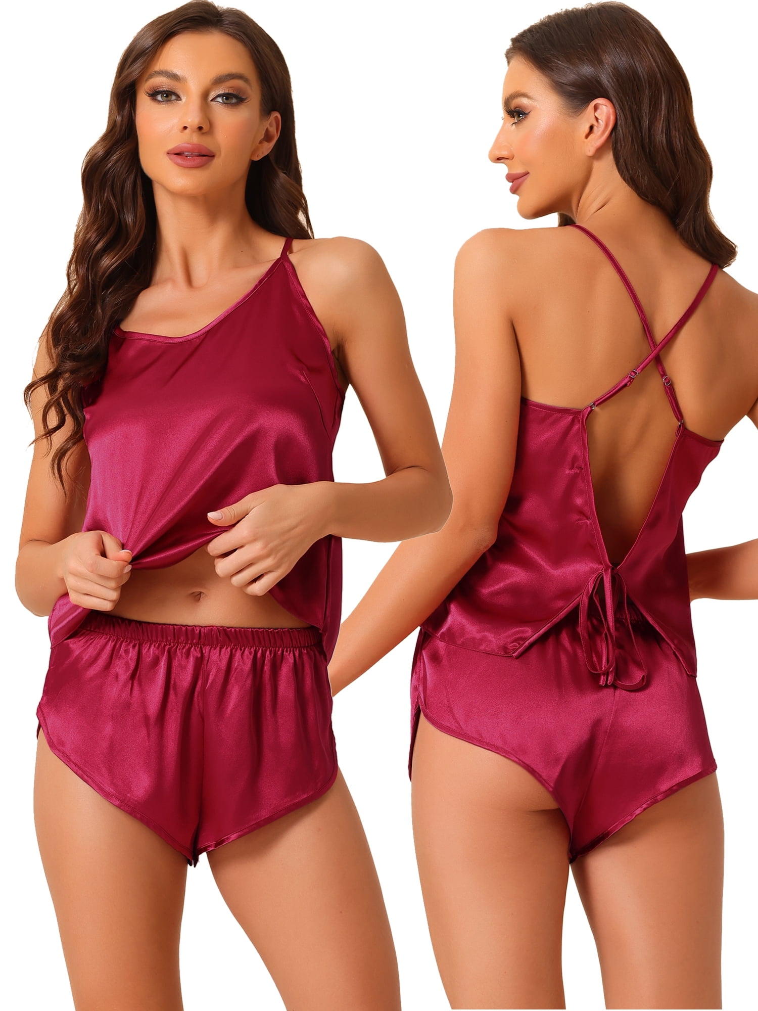 DARING DIVA Women's Satin Backless Lingerie Tops with Shorts Cami Pajamas Sets L Red