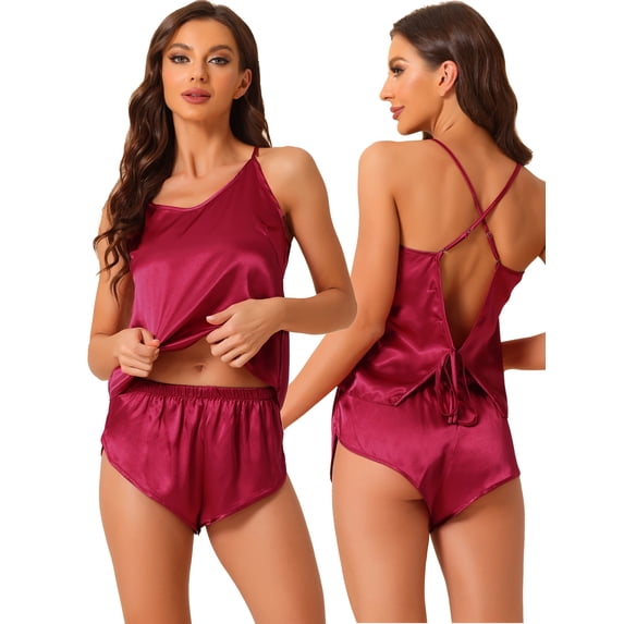 DARING DIVA Women's Satin Backless Lingerie Tops with Shorts Cami Pajamas Sets XL Red