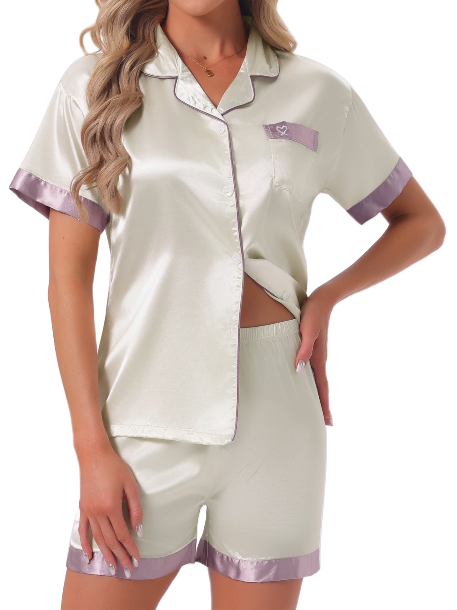 DARING DIVA Women's Satin Pajamas Sleepwear Button Down Contrast Color Tops L White