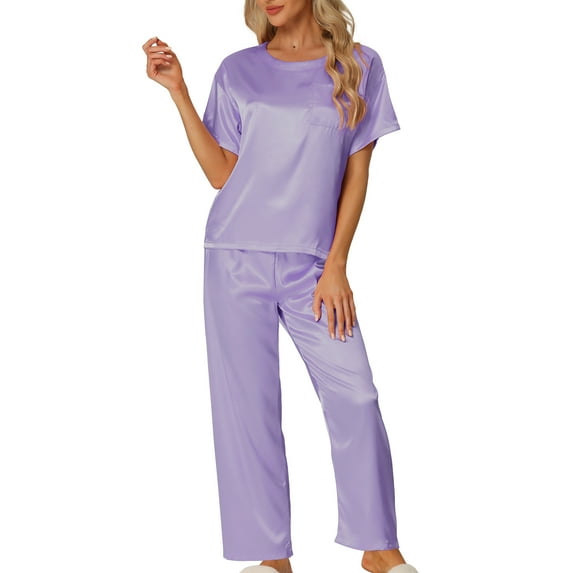 DARING DIVA Women's Satin Pajamas Sleepwear Summer Outfits Short Sleeves Tops M Light Purple