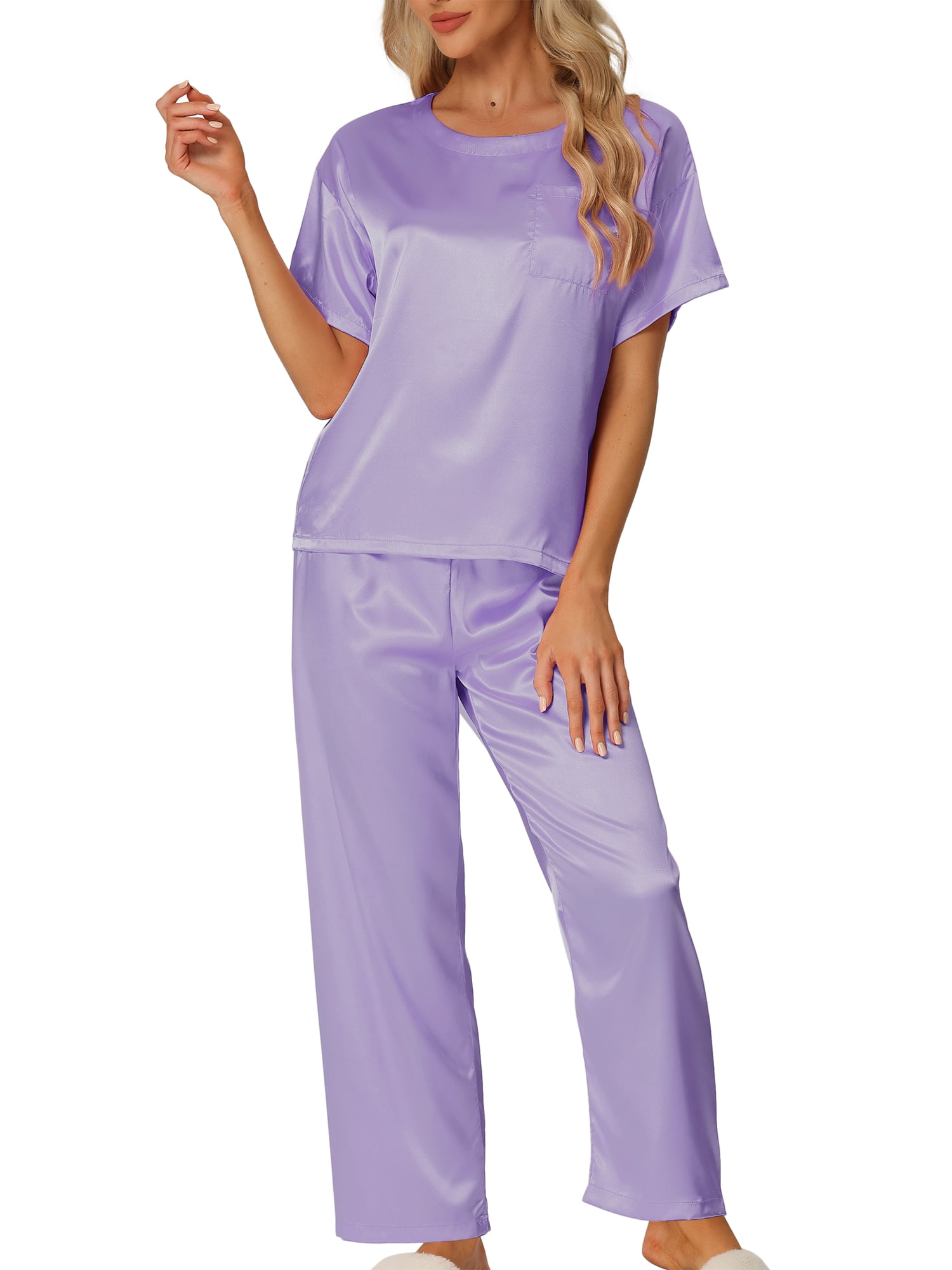 DARING DIVA Women's Satin Pajamas Sleepwear Summer Outfits Short Sleeves Tops XL Light Purple