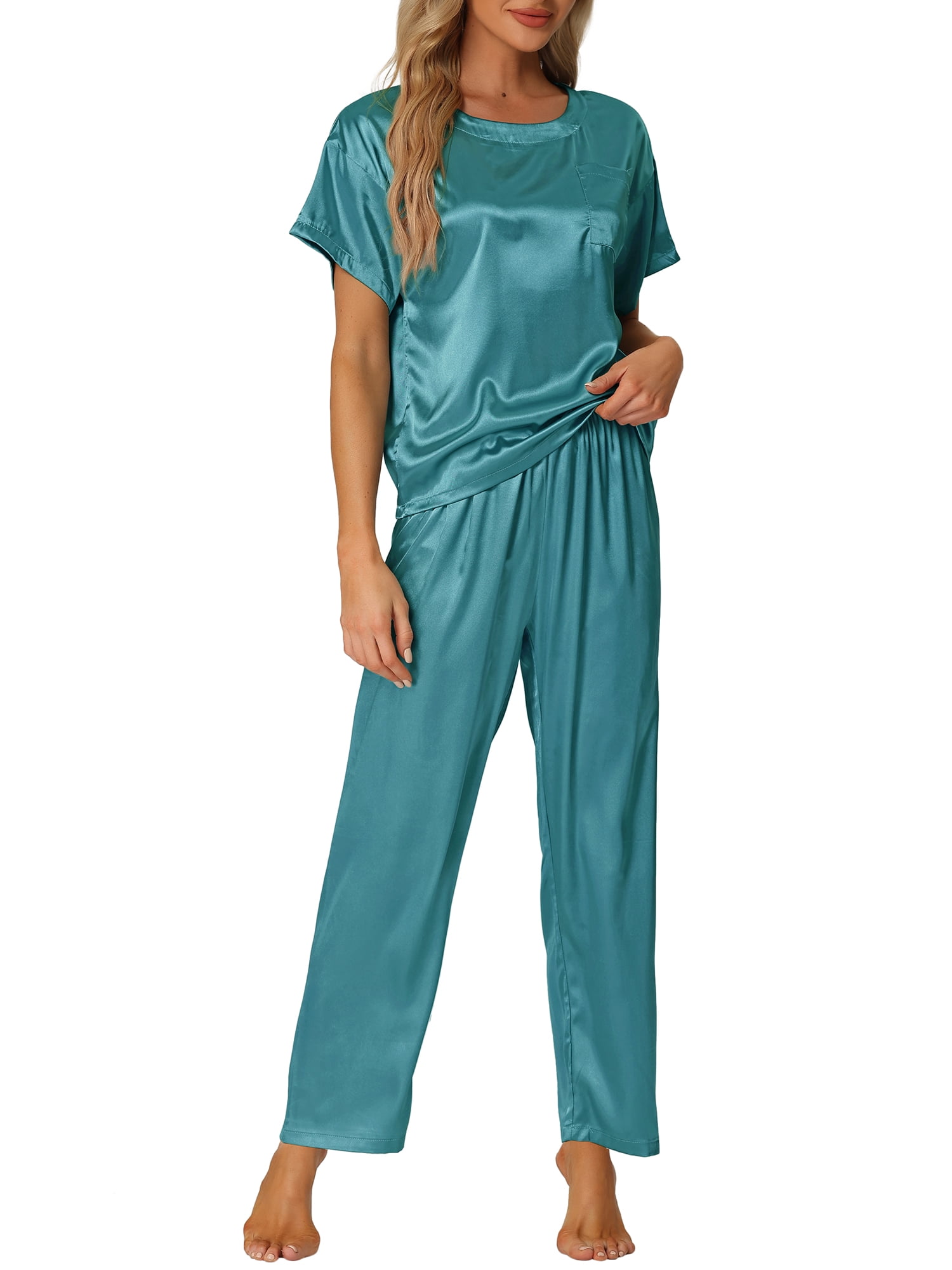 DARING DIVA Women's Satin Pajamas Sleepwear Summer Outfits Short Sleeves Tops S Peacock Green
