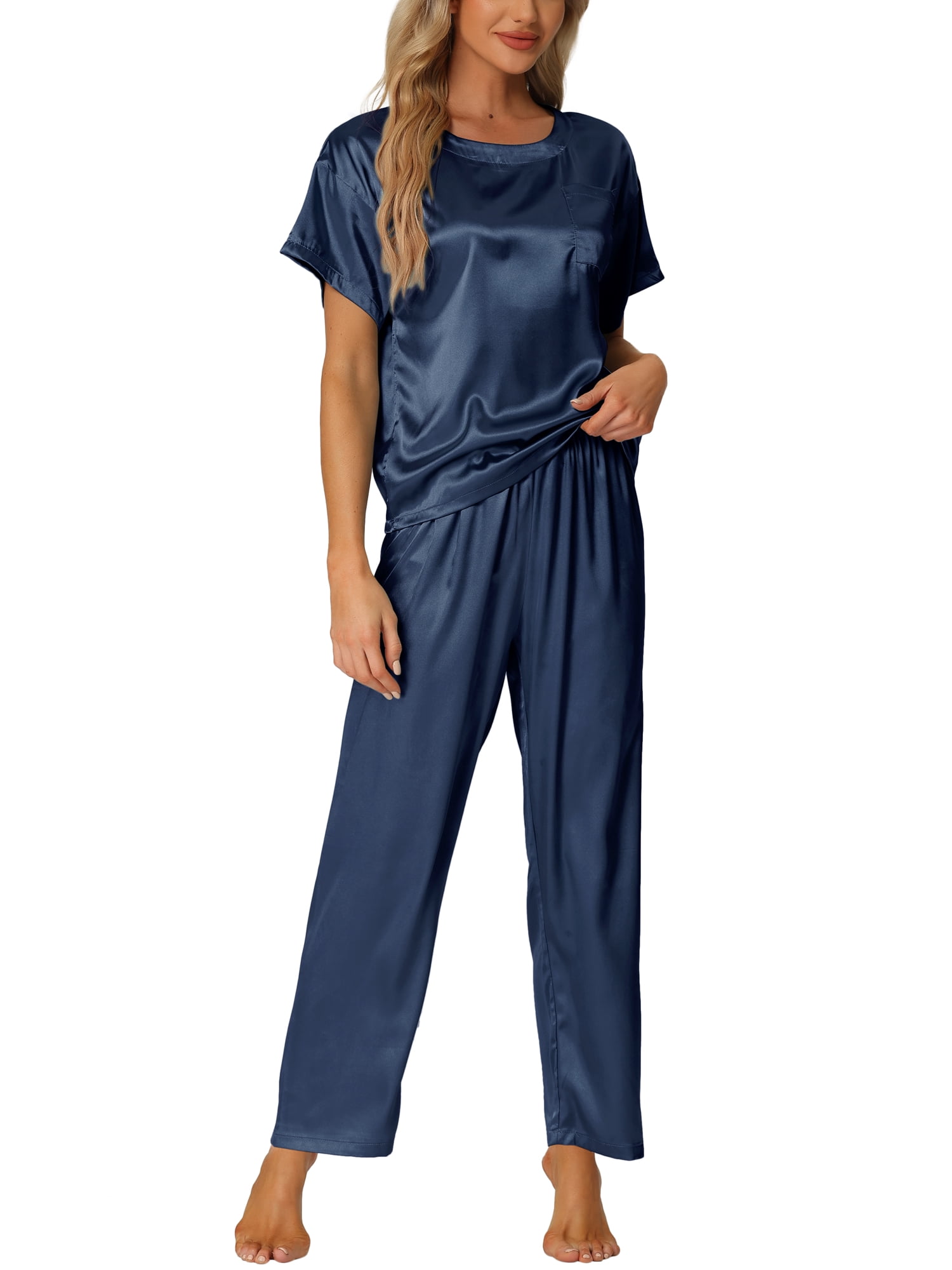 DARING DIVA Women's Satin Pajamas Sleepwear Summer Outfits Short Sleeves Tops 2XL Blue