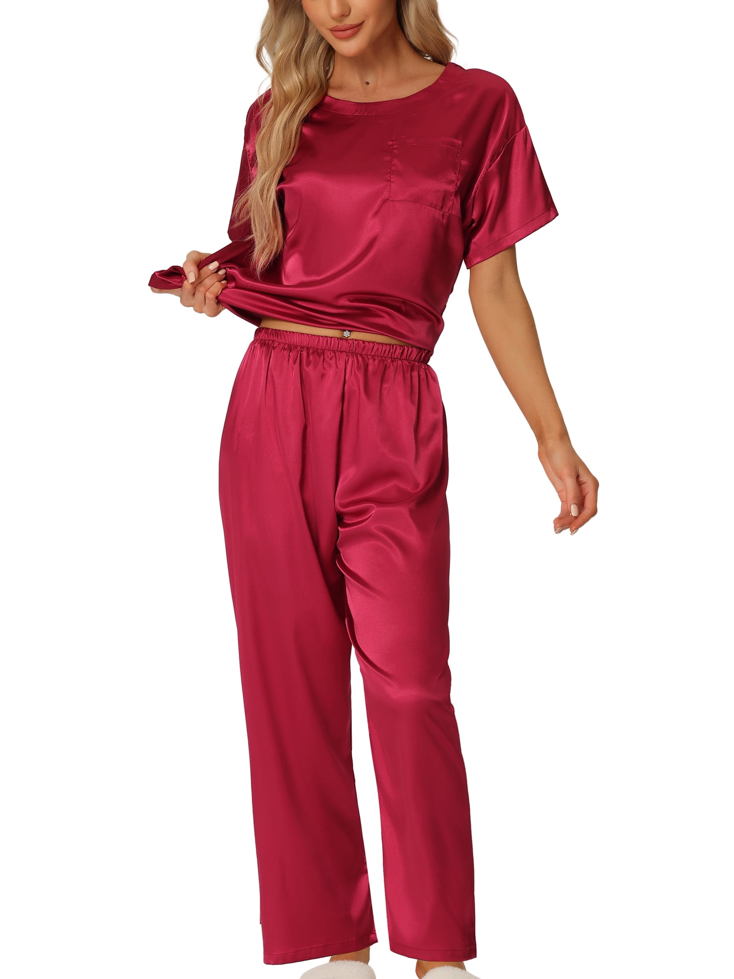 DARING DIVA Women's Satin Pajamas Sleepwear Summer Outfits Short Sleeves Tops L Red