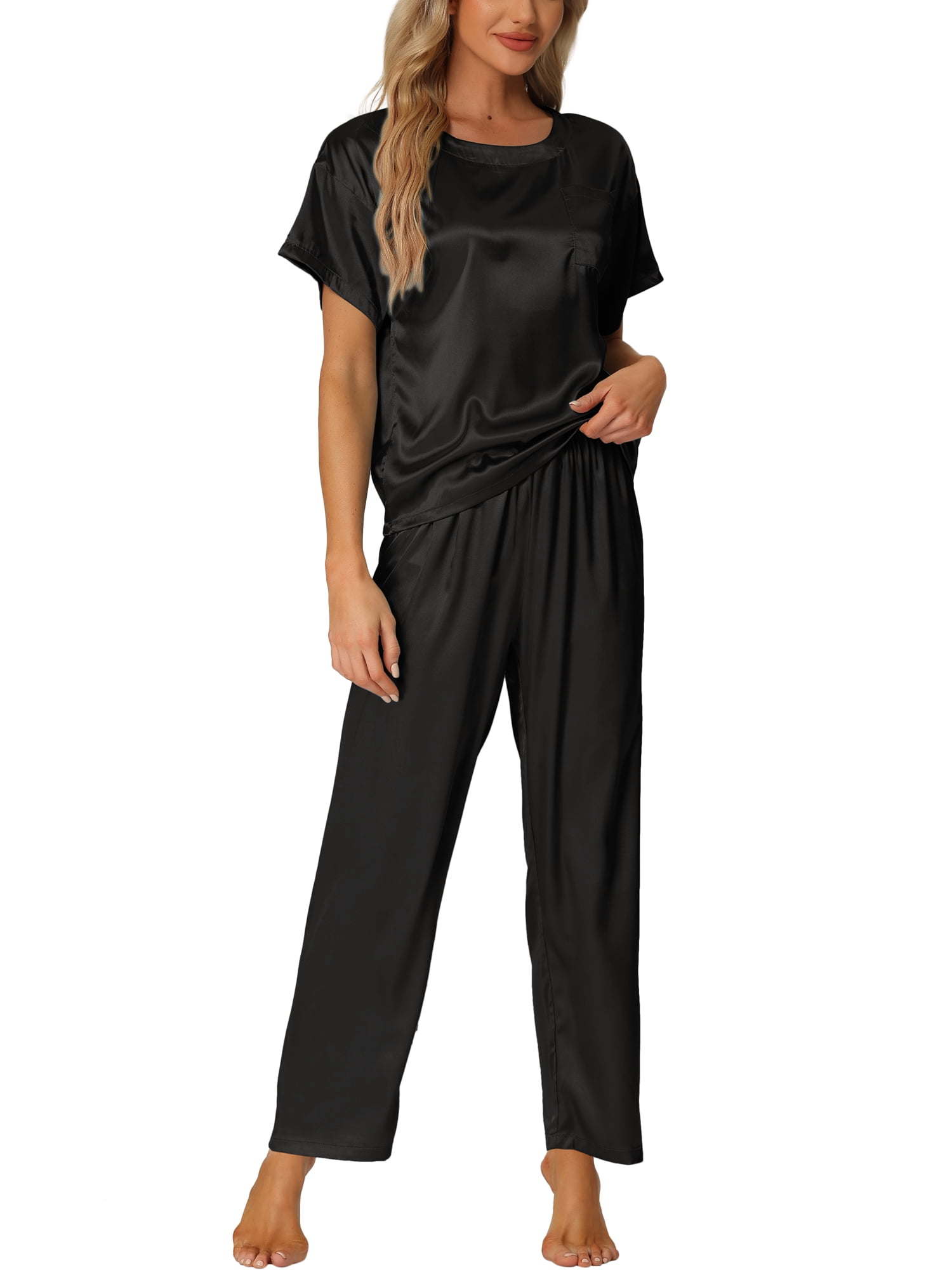 DARING DIVA Women's Satin Pajamas Sleepwear Summer Outfits Short Sleeves Tops S Black