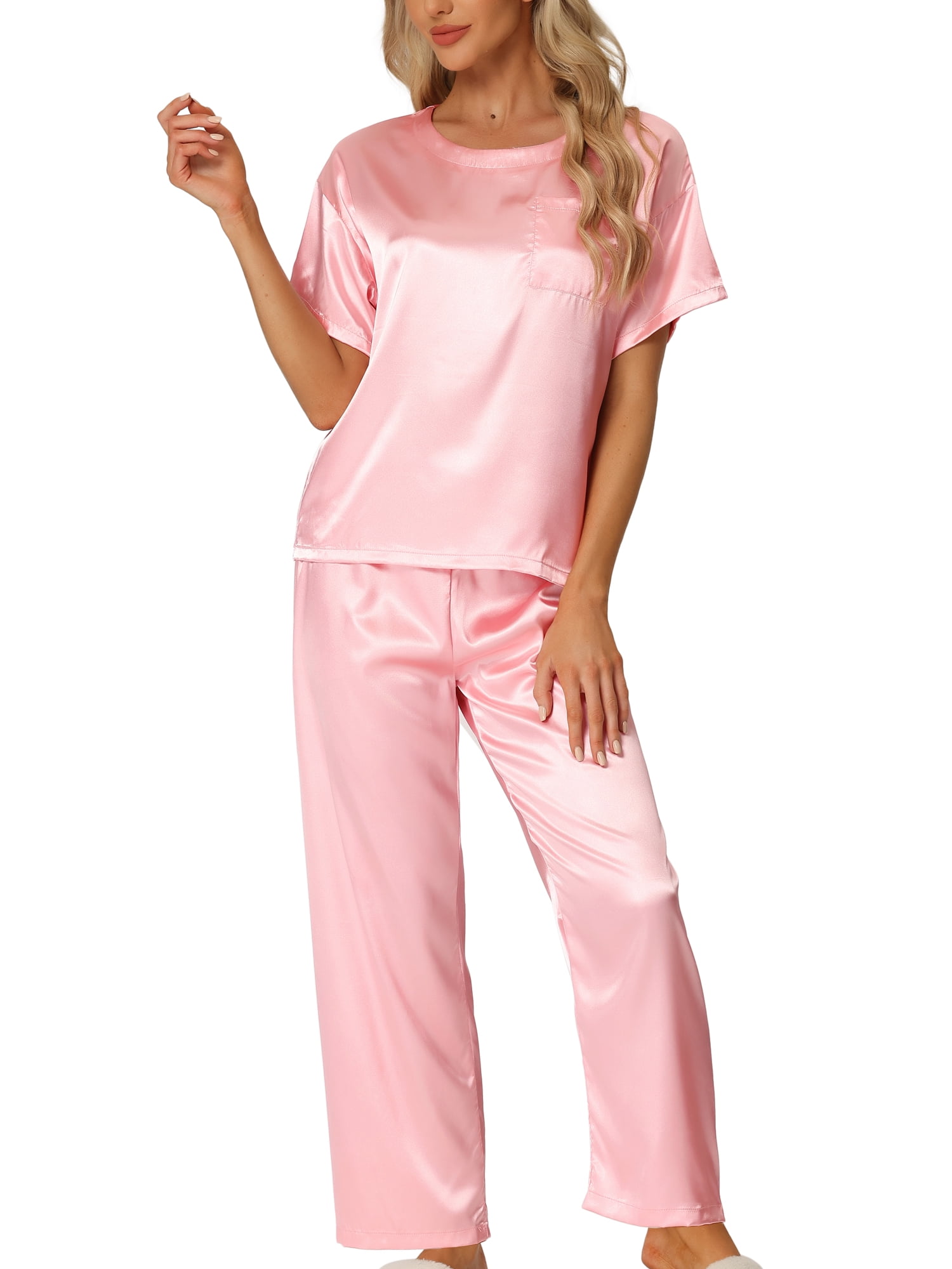 DARING DIVA Women's Satin Pajamas Sleepwear Summer Outfits Short Sleeves Tops S Pink