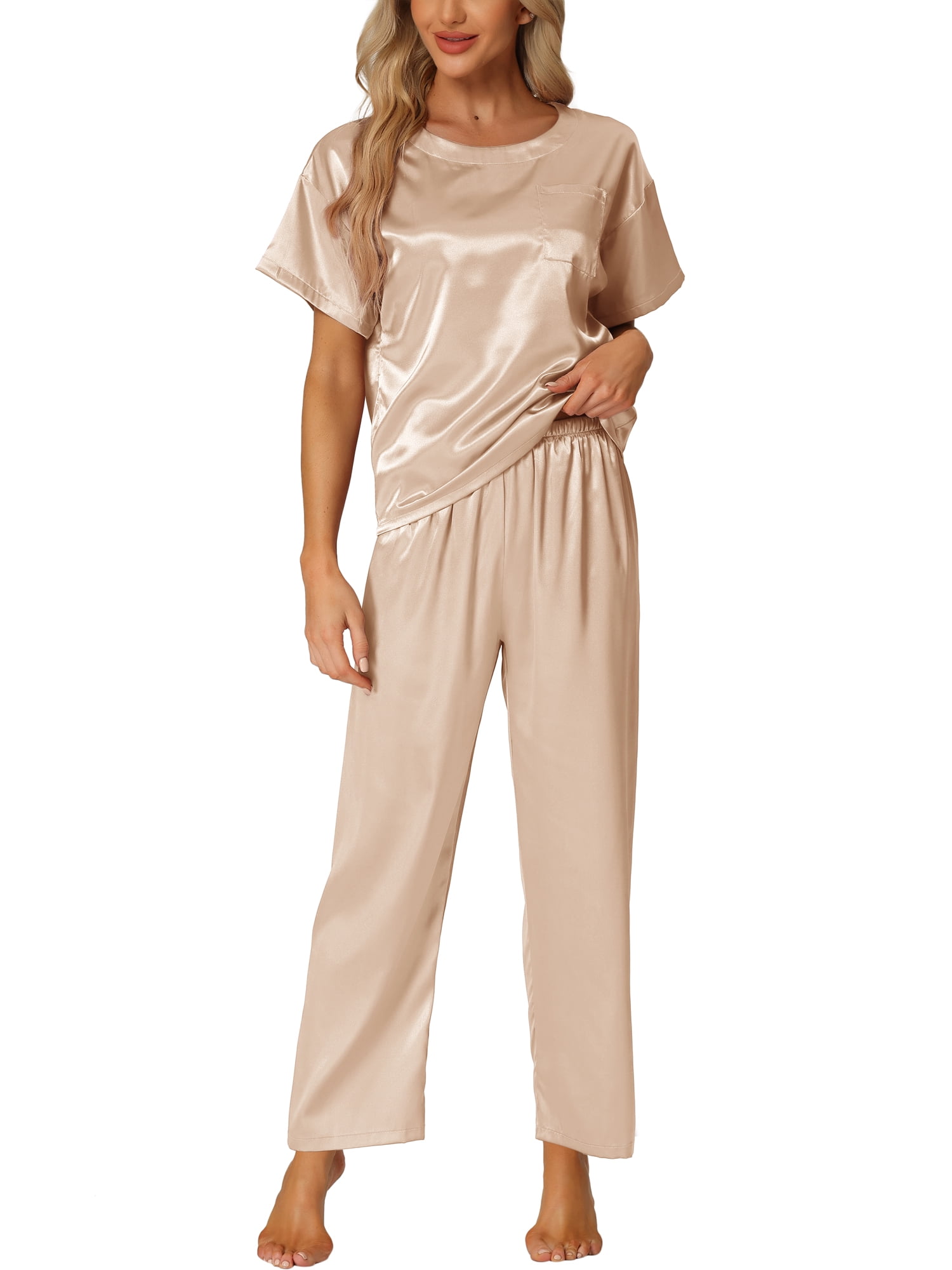 DARING DIVA Women's Satin Pajamas Sleepwear Summer Outfits Short Sleeves Tops XL Khaki