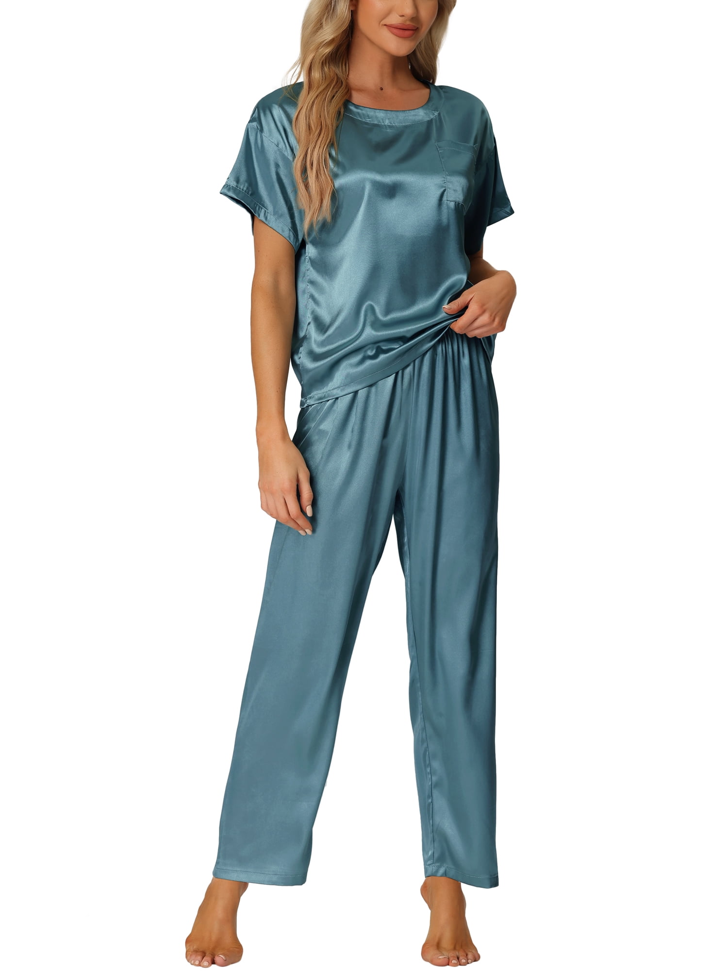 DARING DIVA Women's Satin Pajamas Sleepwear Summer Outfits Short Sleeves Tops XL Peacock Blue