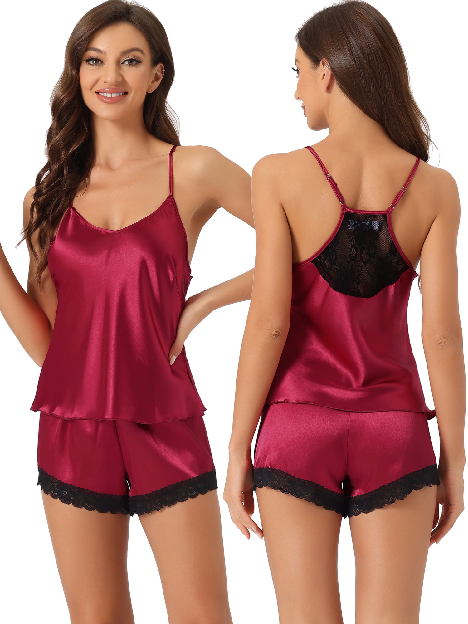 DARING DIVA Women's Satin Pajamas Sleeveless Racer Back Lace Trim Camisole Tops XL Red