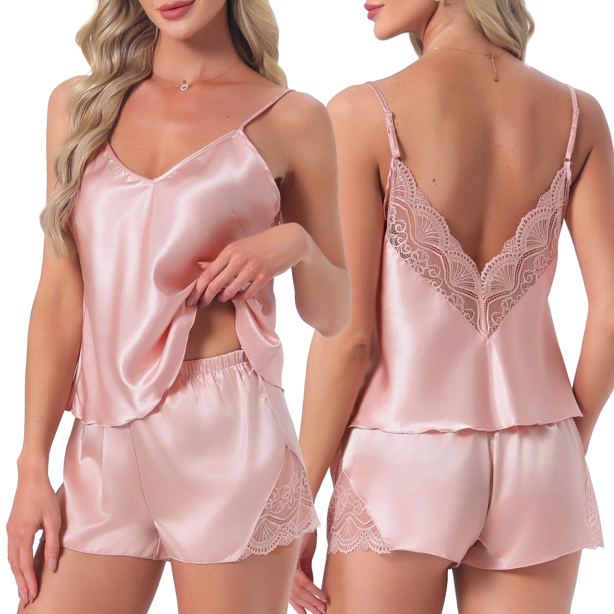 DARING DIVA Women's Satin Pajamas V-Neck Lace Trim Camisole and Shorts Set 2XL Pink