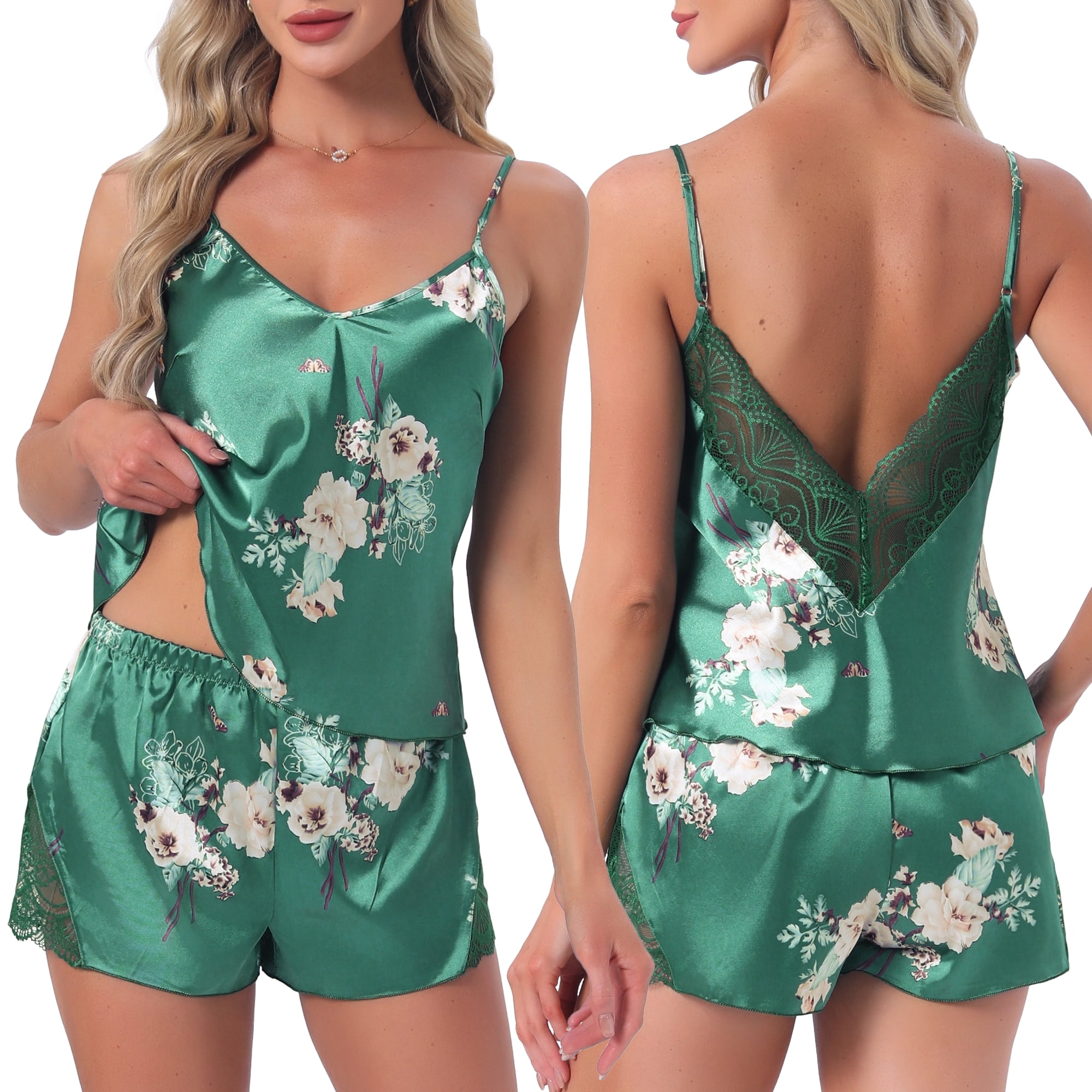 DARING DIVA Women's Satin Pajamas V-Neck Lace Trim Camisole and Shorts Set L Green