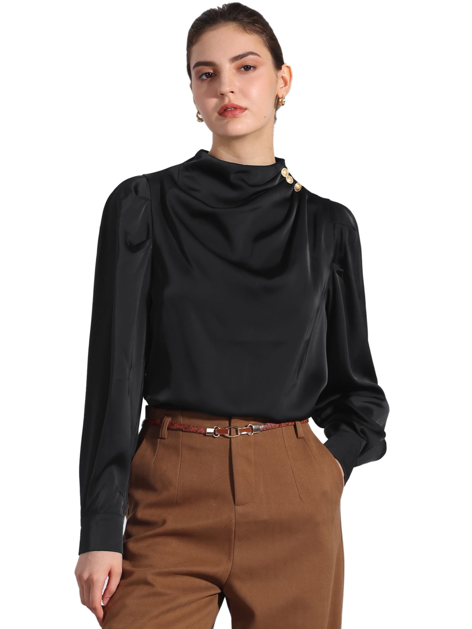 DARING DIVA Women's Satin Puff Long Sleeve Pleated Mock Neck Blouse L Black