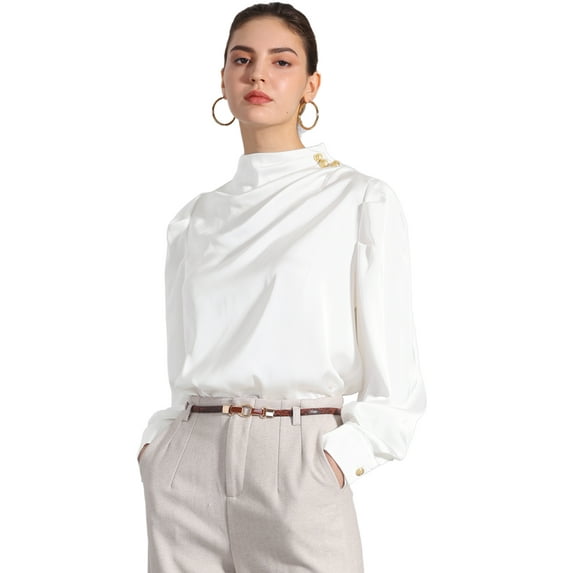 DARING DIVA Women's Satin Pleated Puff Sleeves Blouses S White