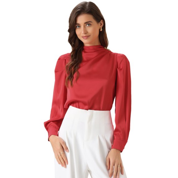 DARING DIVA Women's Satin Puff Long Sleeve Pleated Mock Neck Blouse XL Red