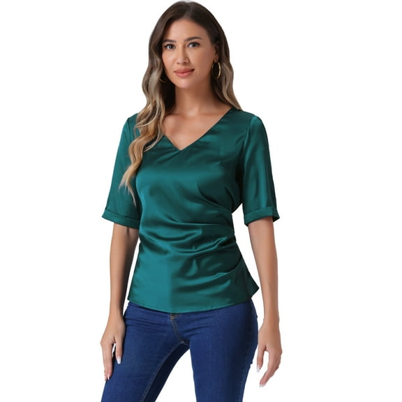DARING DIVA Women's Satin Ruched Tie Back Casual Office Tops S Blue Green