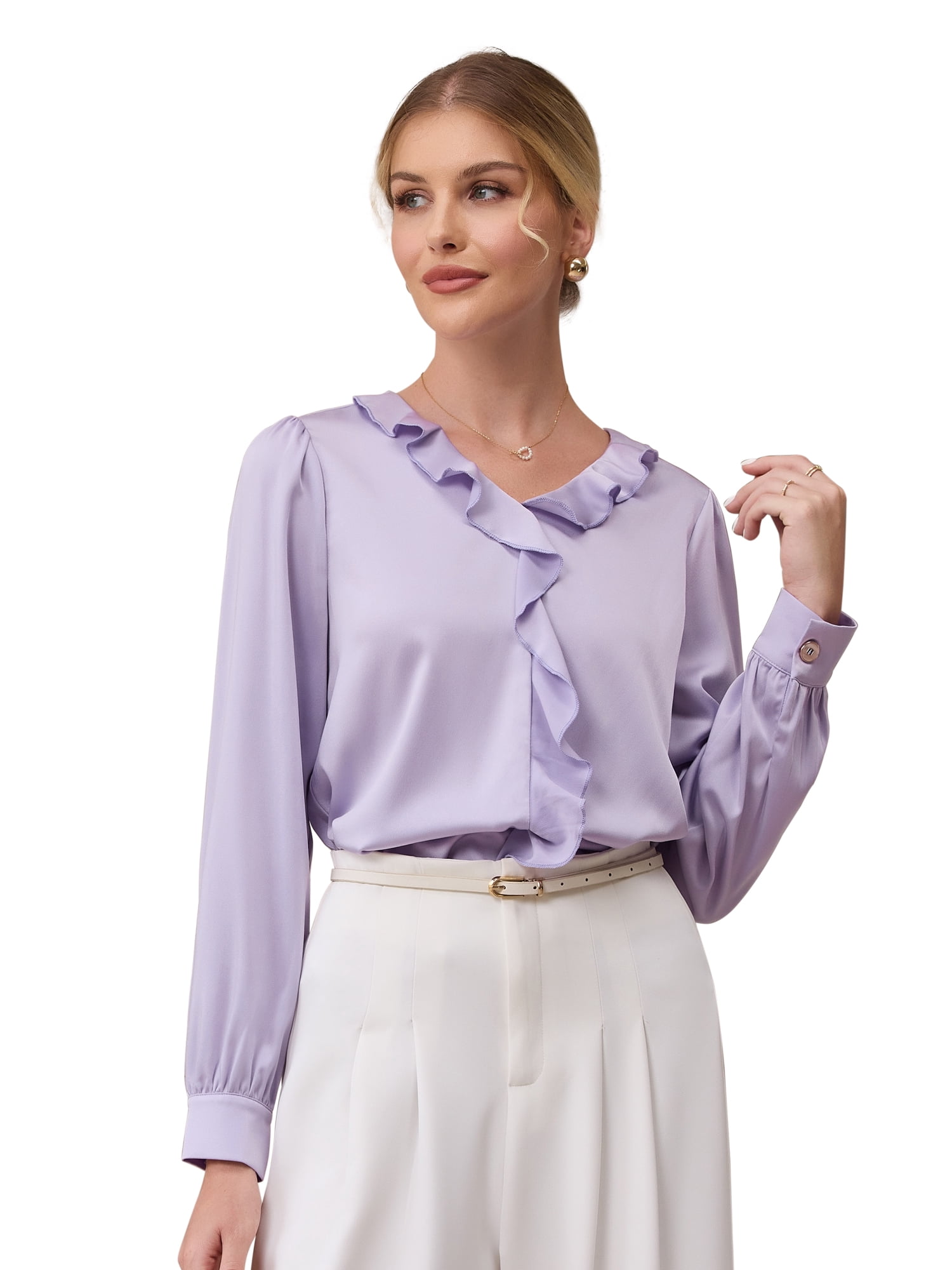 DARING DIVA Women's Satin Ruffle V Neck Long Sleeve Casual Blouse L Light Purple