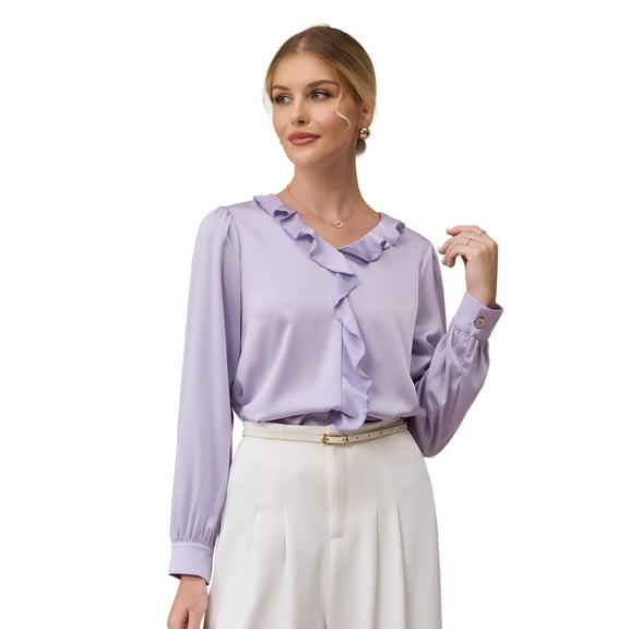 DARING DIVA Women's Satin Ruffle V Neck Long Sleeve Casual Blouse S Light Purple