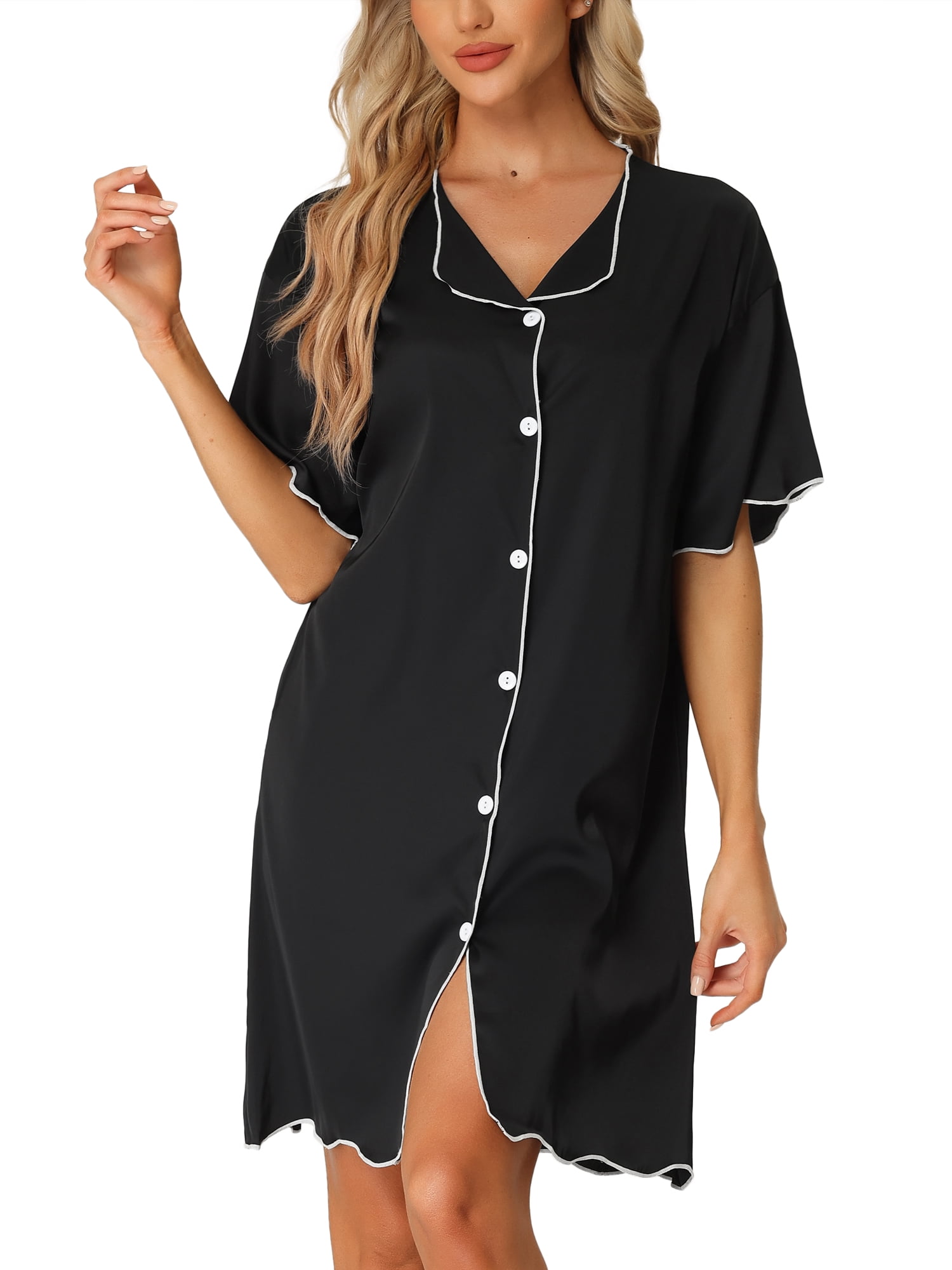 DARING DIVA Women's Satin Short Sleeve Button Down Pajama Nightgown XL Black