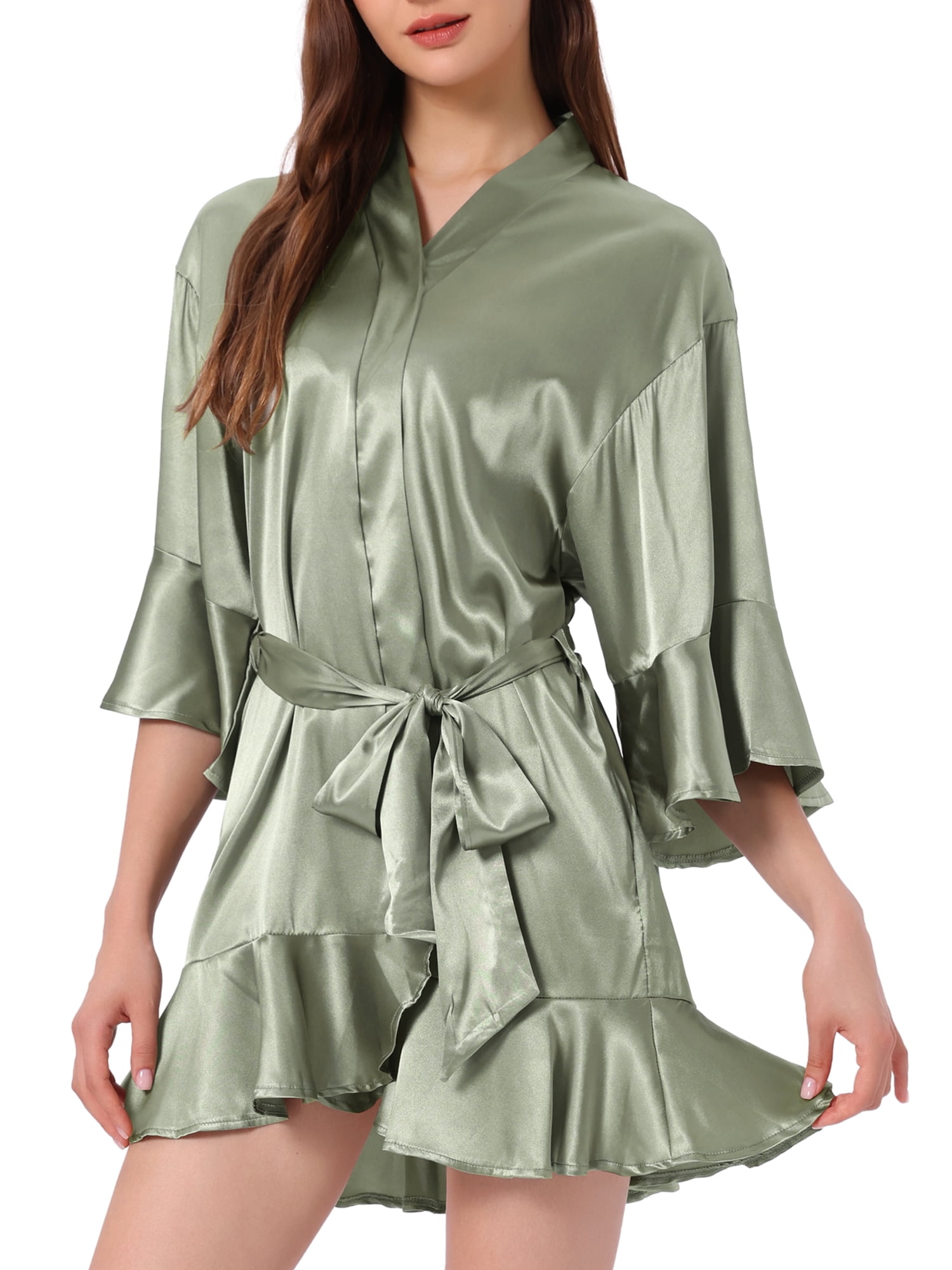 DARING DIVA Women's Satin Silky 3/4 Sleeves Tie Waist Loungewear Robes S Pea Green