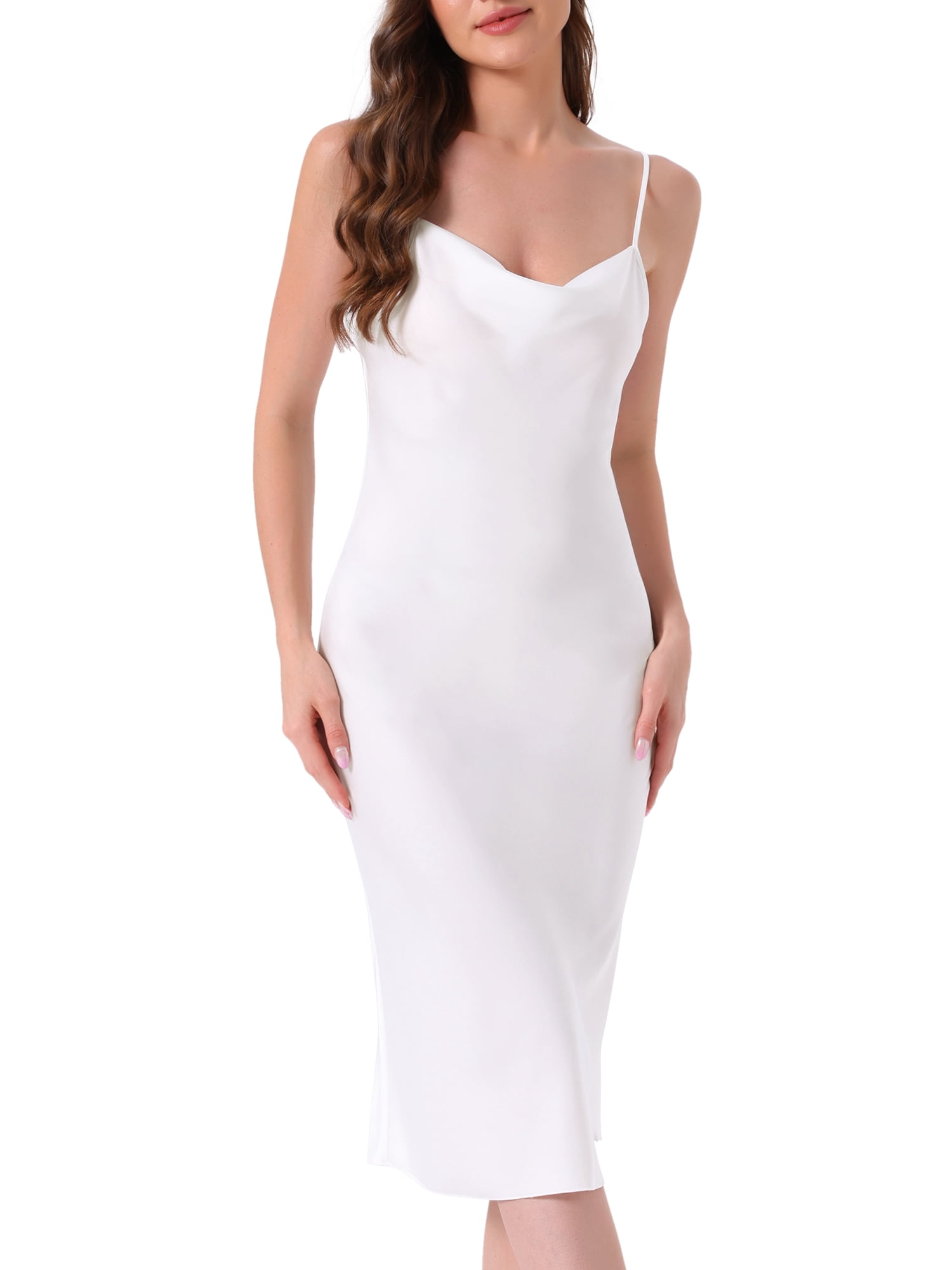 DARING DIVA Women's Satin Silky Hem Cowl Neck Sleeveless Midi Nightgown XS White