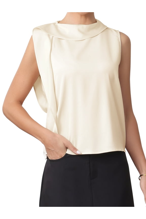 Women's Satin Sleeveless Mock Neck Blouse with Shoulder Buttons L Apricot