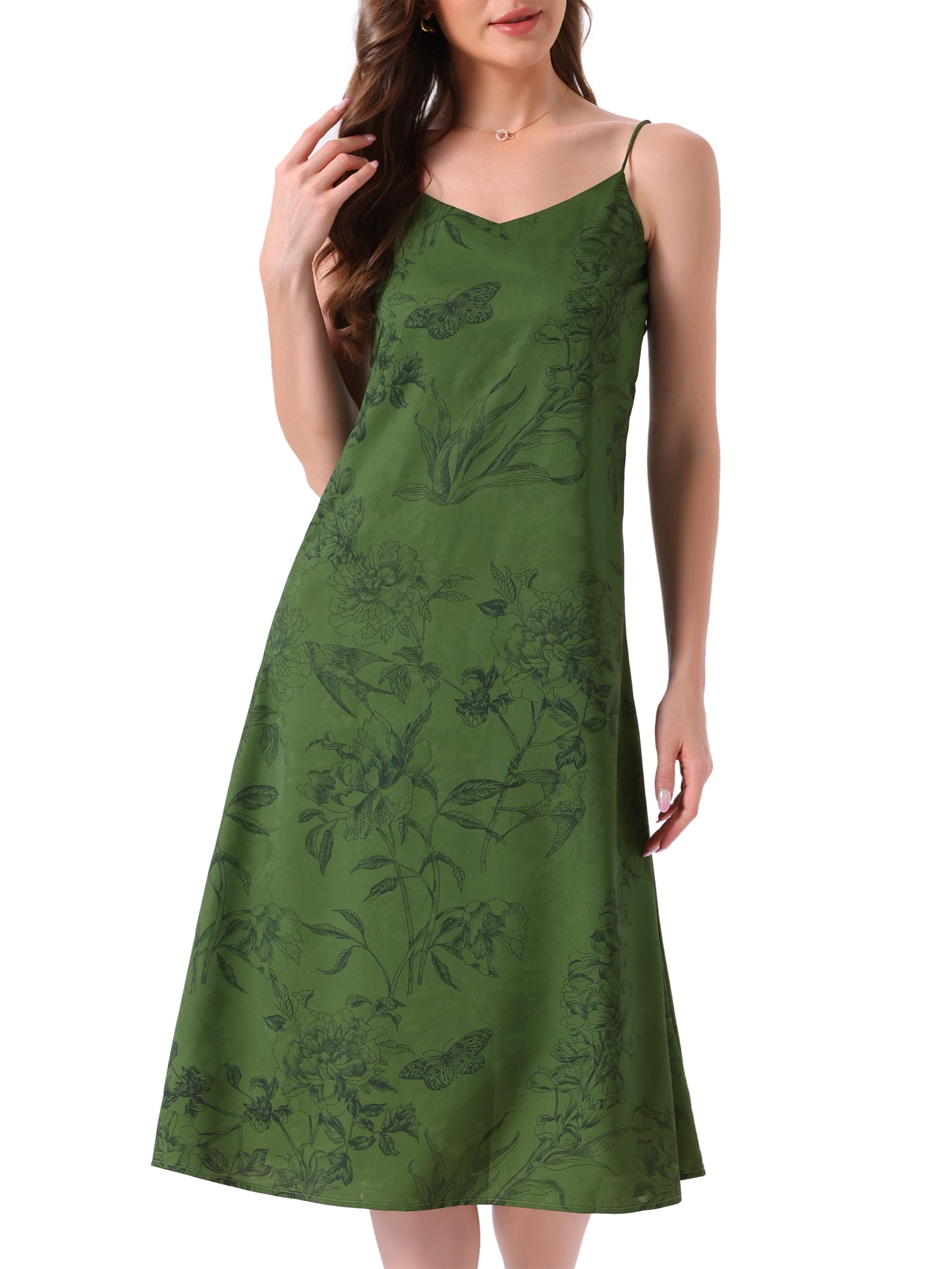 DARING DIVA Women's Satin Spaghetti Strap Sleeveless V Neck Nightgown L Green Flower