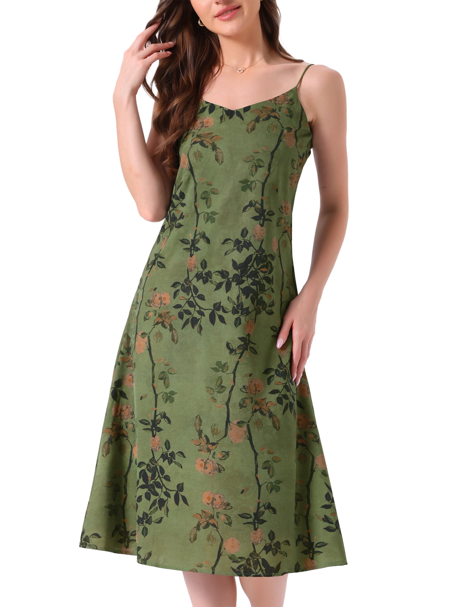 DARING DIVA Women's Satin Spaghetti Strap Sleeveless V Neck Nightgown M Orange Flower