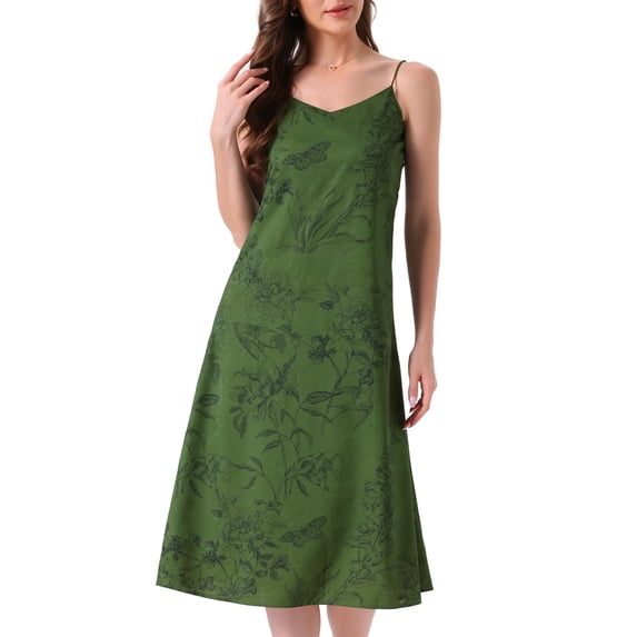 DARING DIVA Women's Satin Spaghetti Strap Sleeveless V Neck Nightgown XS Green Flower
