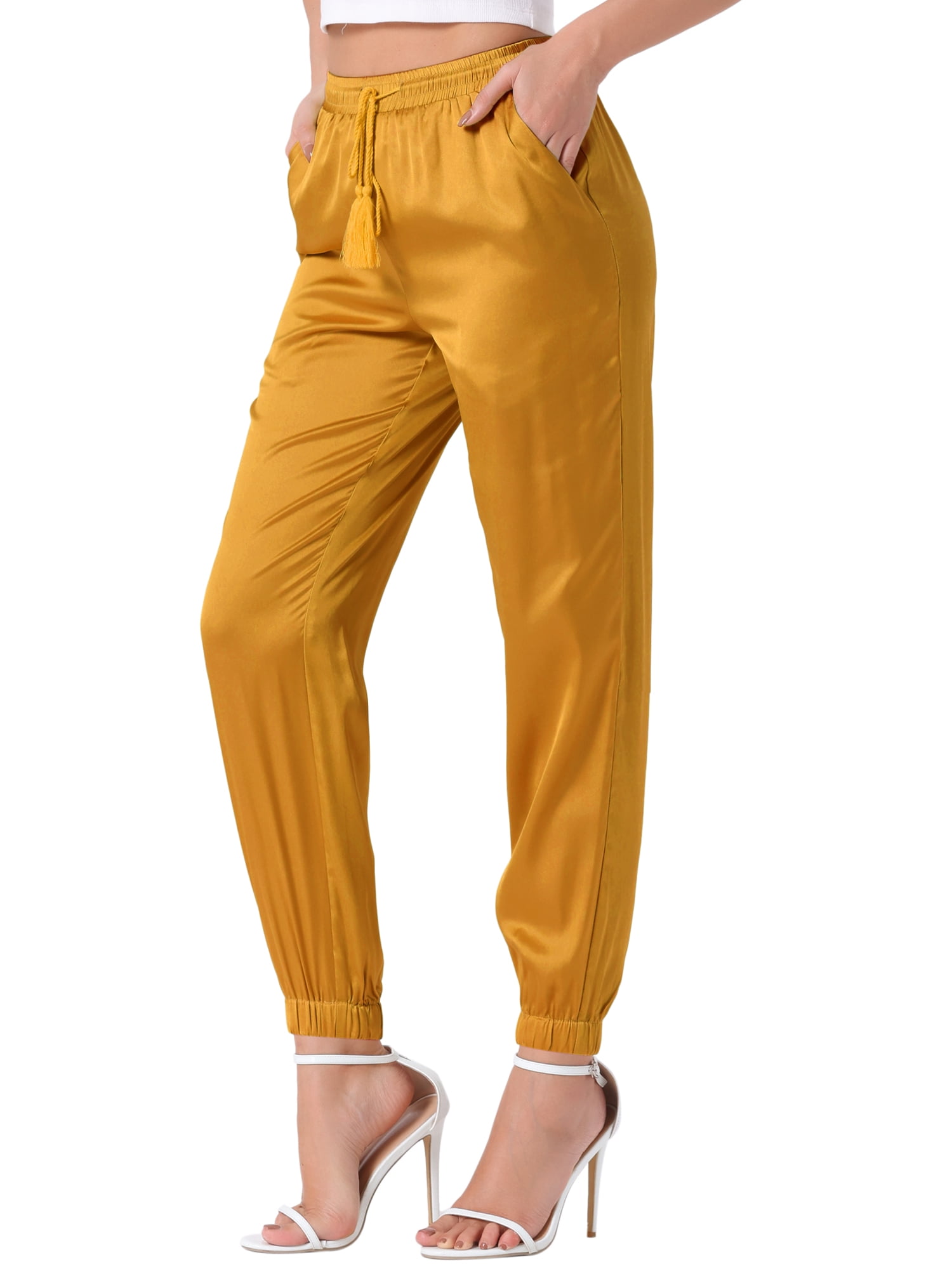 DARING DIVA Women's Satin Straight Leg Ankle Length Joggers Medium Gold