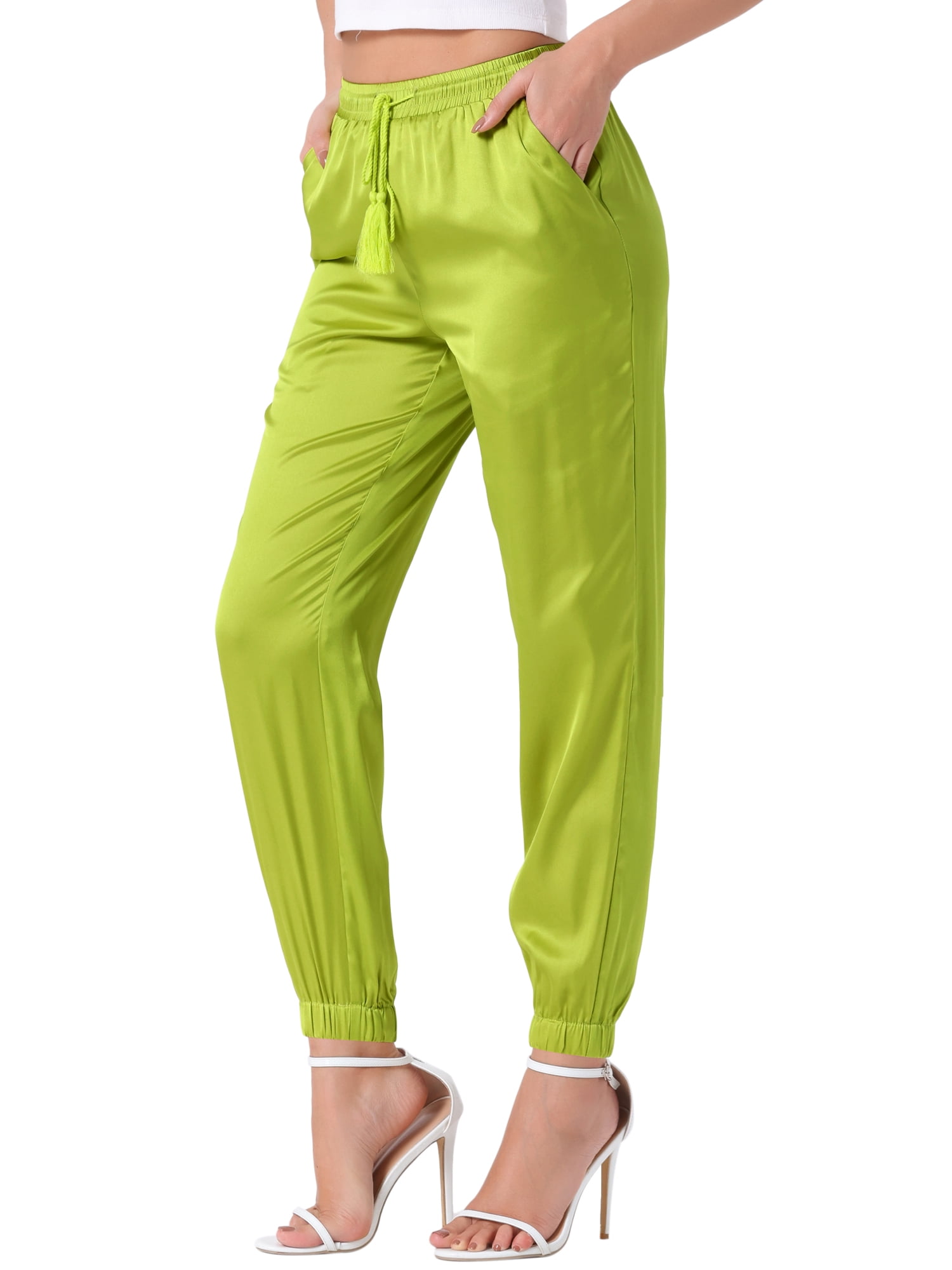 DARING DIVA Women's Satin Straight Leg Ankle Length Joggers Small Fluorescent Yellow