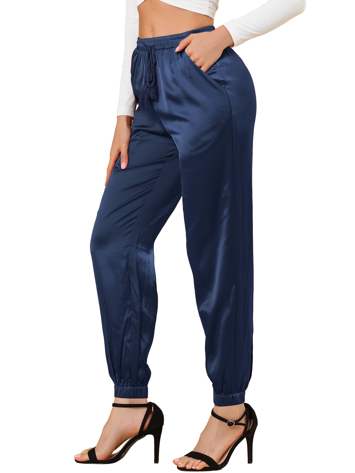 DARING DIVA Women's Satin Straight Leg Ankle Length Joggers Small Royal Blue
