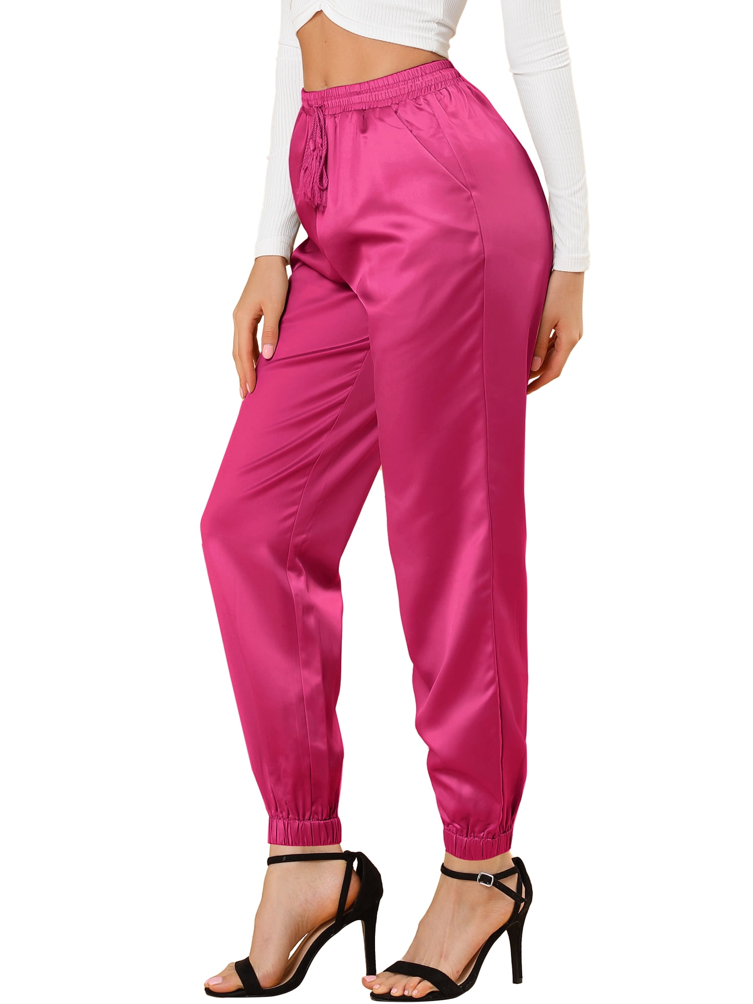 DARING DIVA Women's Satin Straight Leg Ankle Length Joggers X-Large Hot Pink