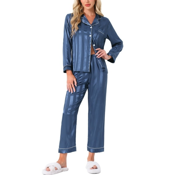 DARING DIVA Women's Satin Stripe Button Down Pajama Sets XL Blue