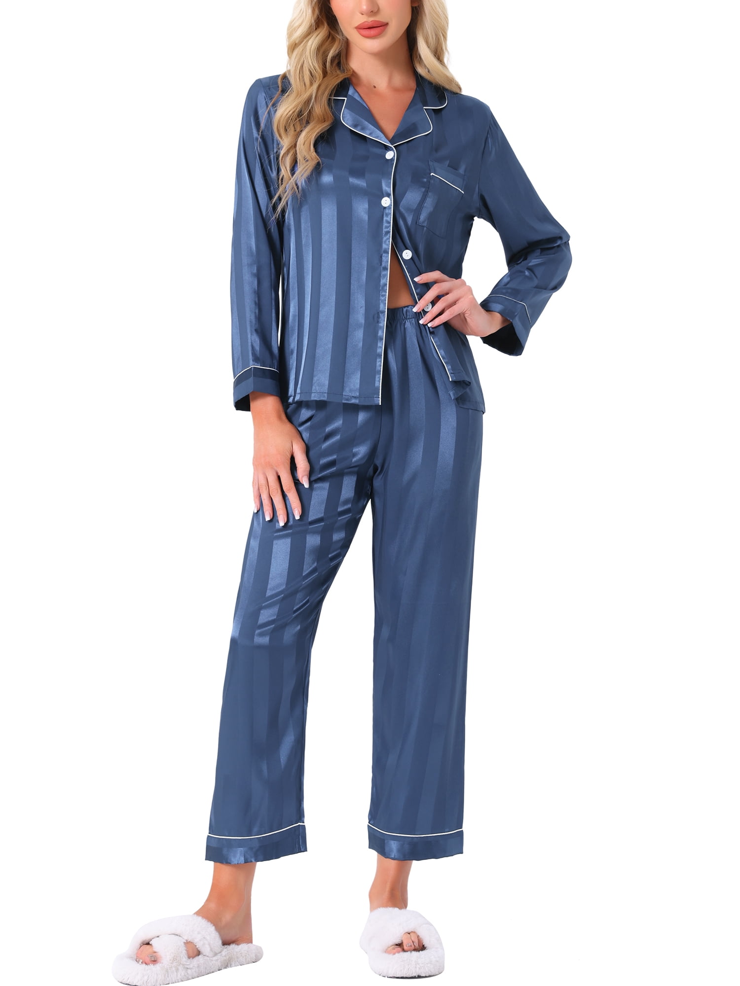 DARING DIVA Women's Satin Stripe Button Down Pajama Sets XS Blue