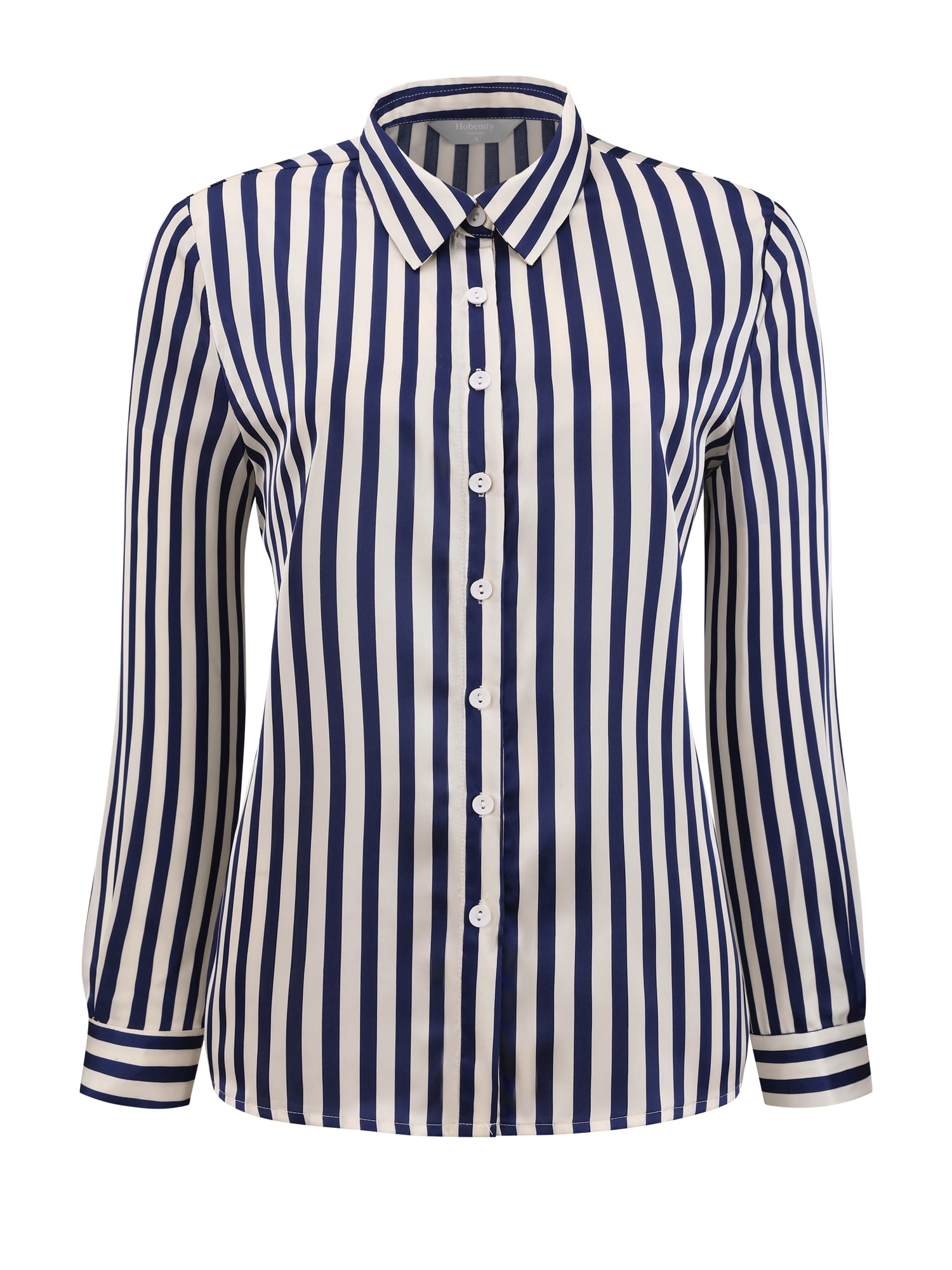 DARING DIVA Women's Satin Striped Shirt Long Sleeve Office Blouse XL Navy Blue